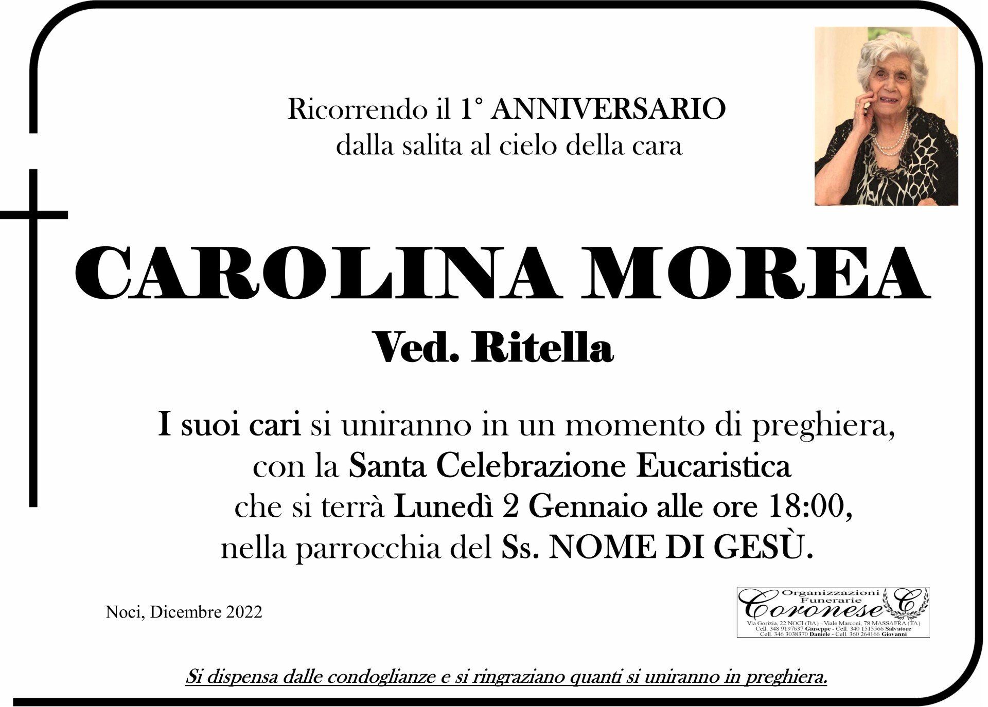 necrologio CAROLINA MOREA Ved. RITELLA