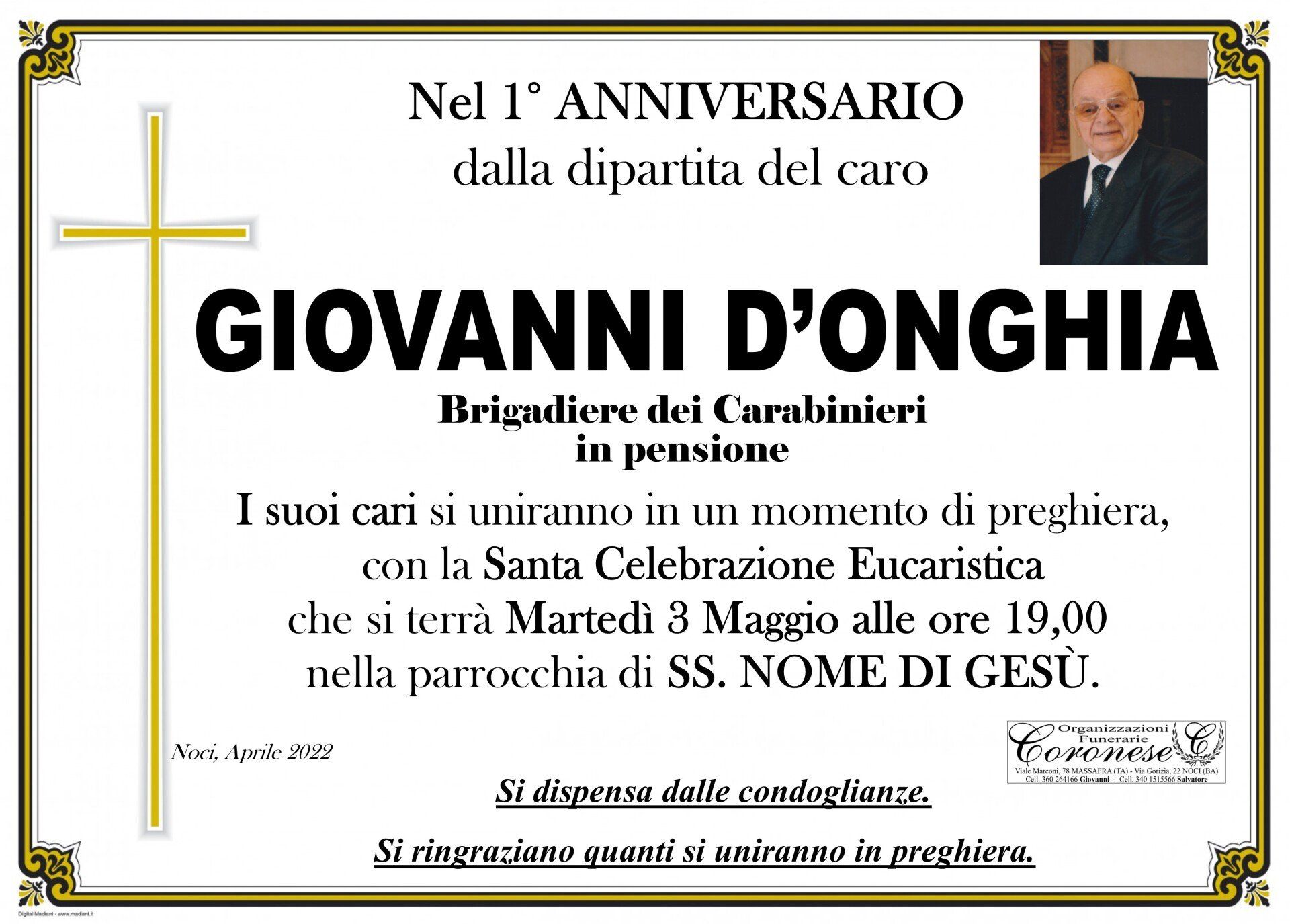 necrologio GIOVANNI D'ONGHIA