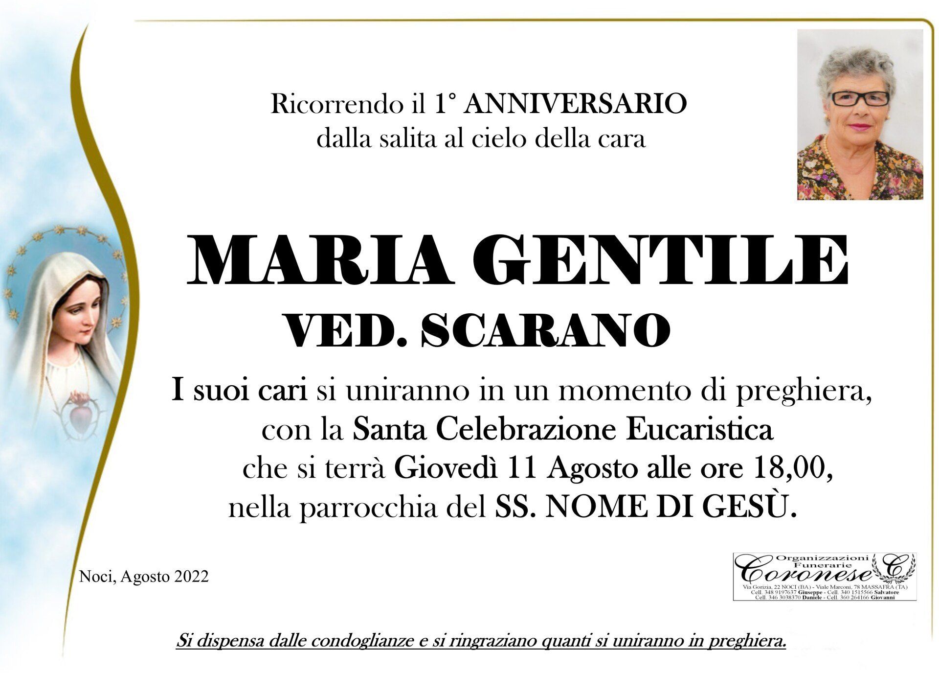 necrologio MARIA GENTILE Ved. SCARANO