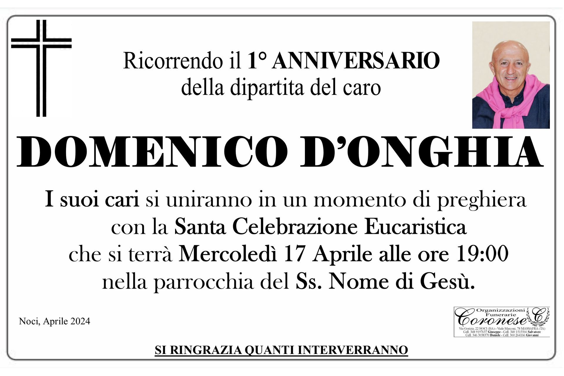 necrologio DOMENICO D'ONGHIA