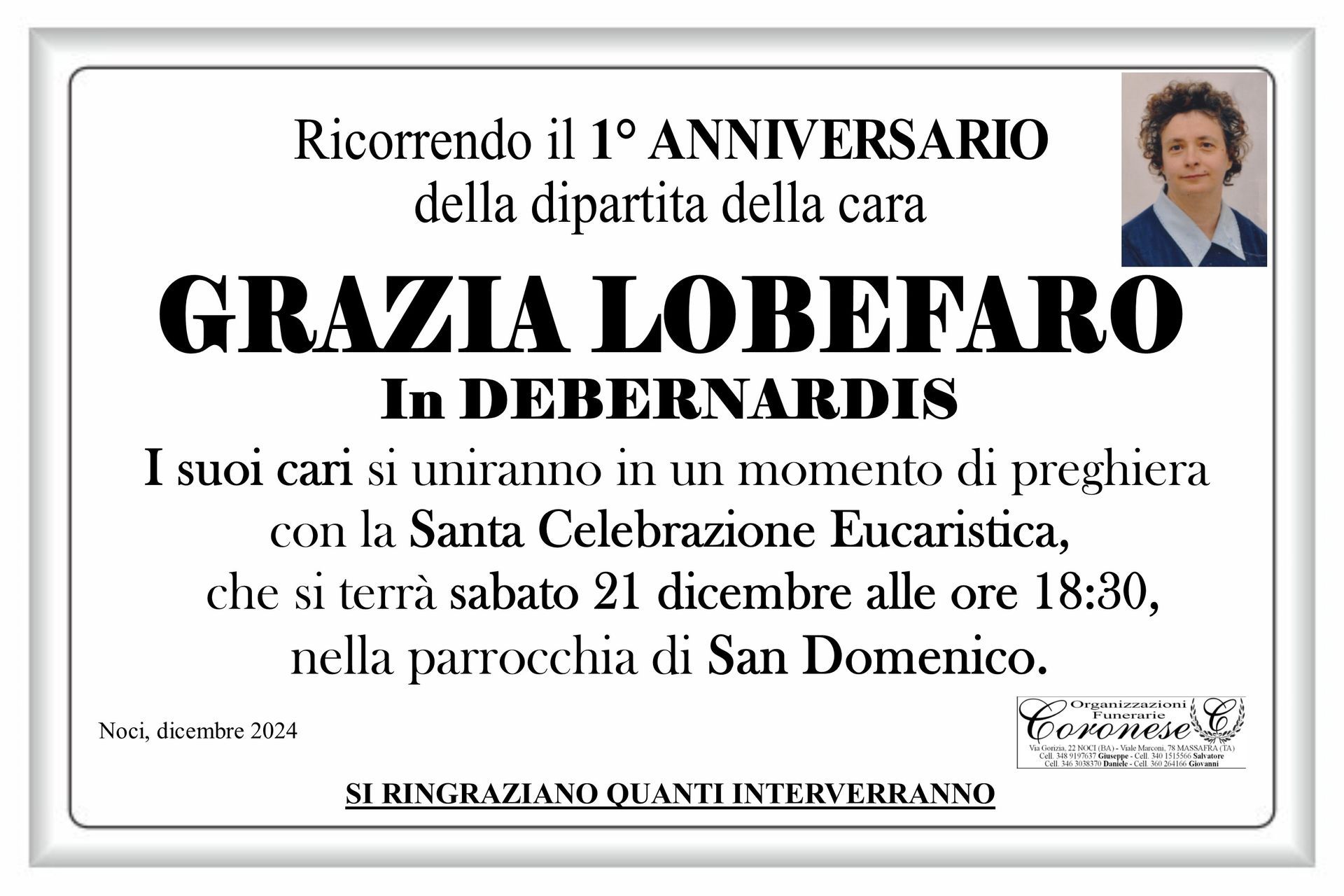 necrologio MGRAZIA LOBEFARO In Debernardis