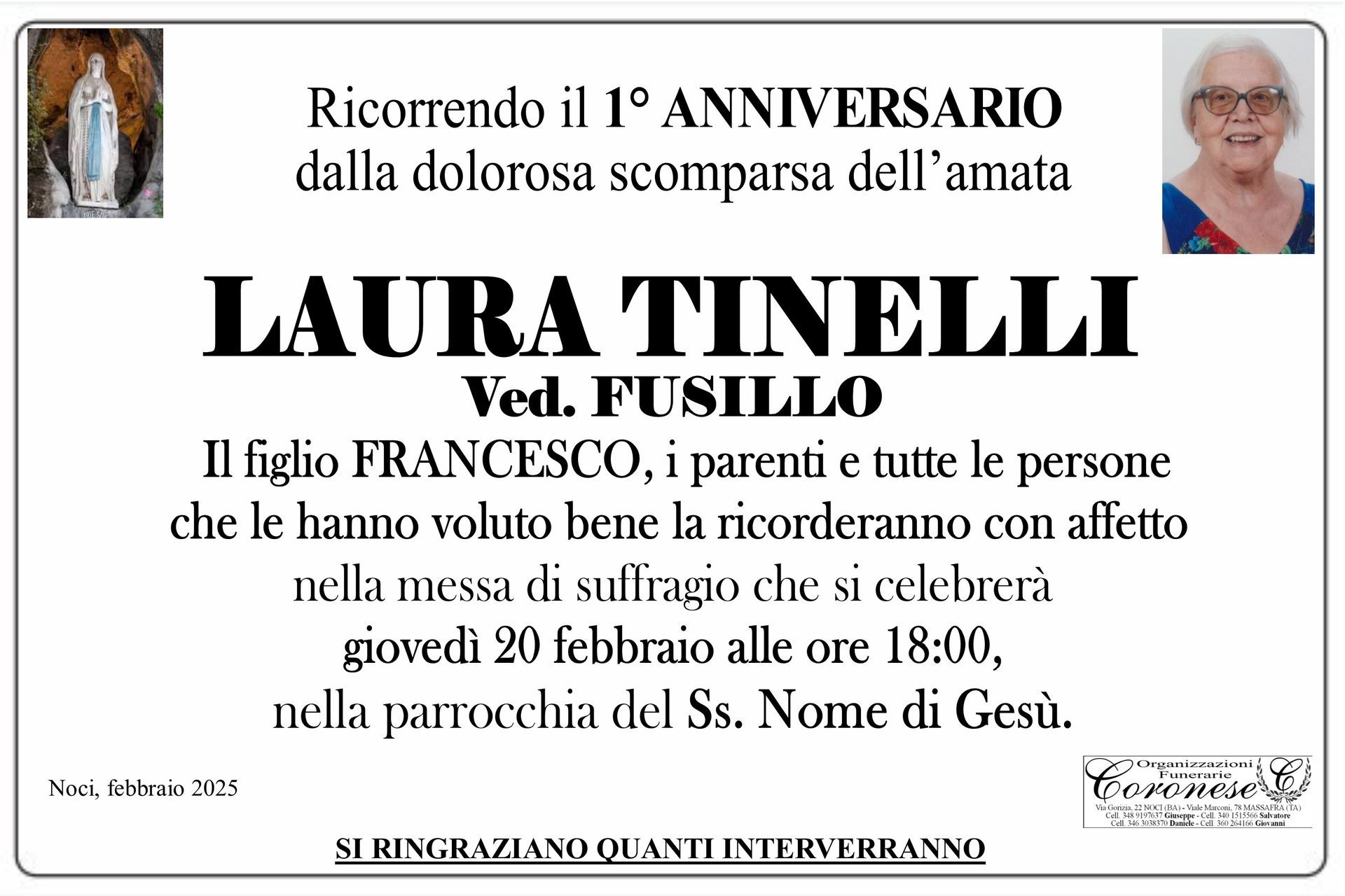 necrologio LAURA TINELLUI Ved. FUSILLO