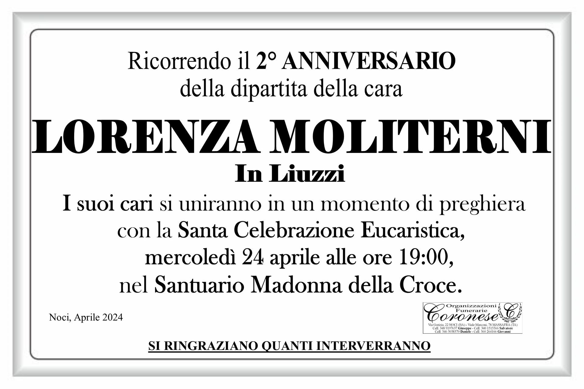 necrologio LORENZA MOLITERNI In Liuzzi