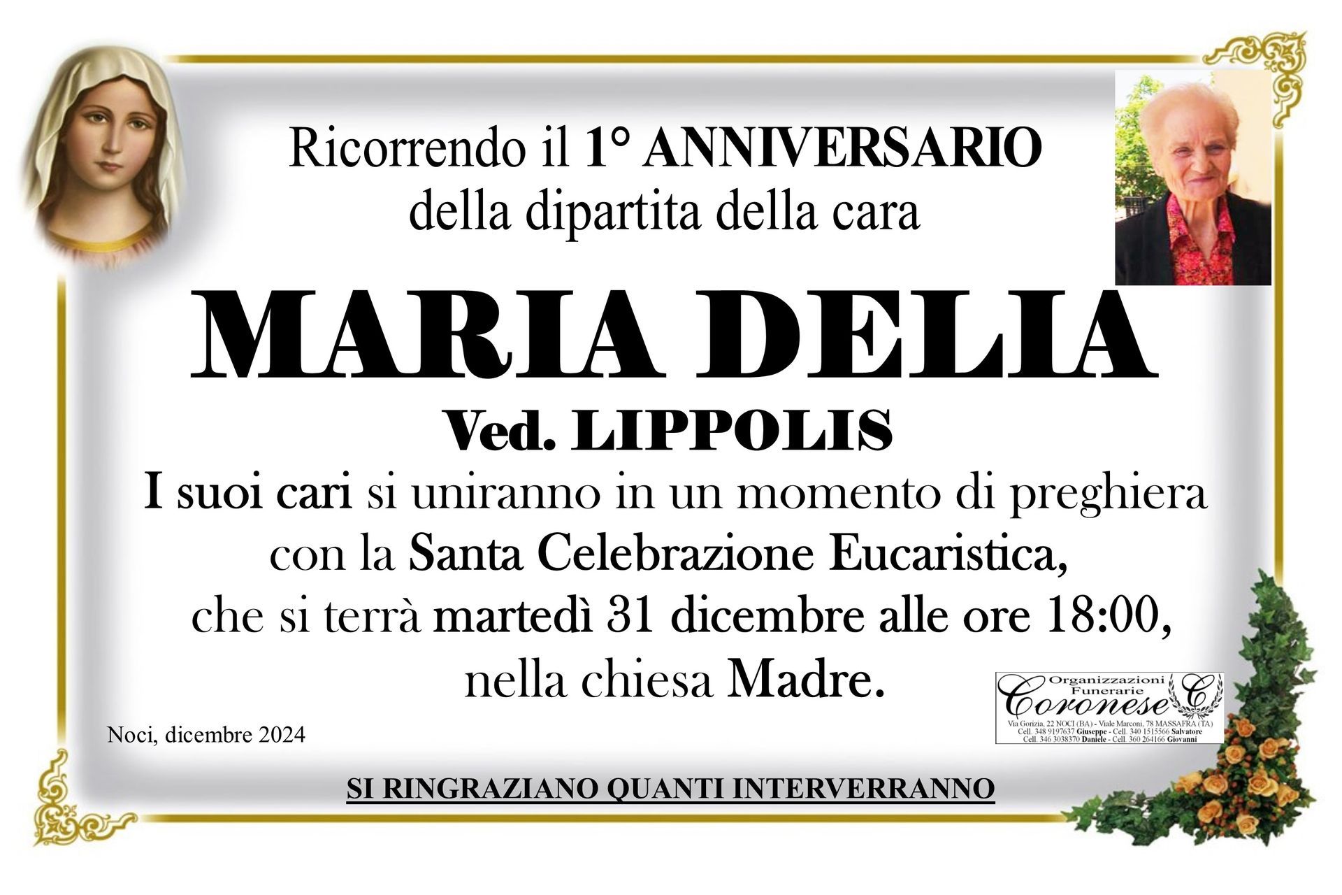 necrologio MARIA DELIA Ved. LIPPOLIS