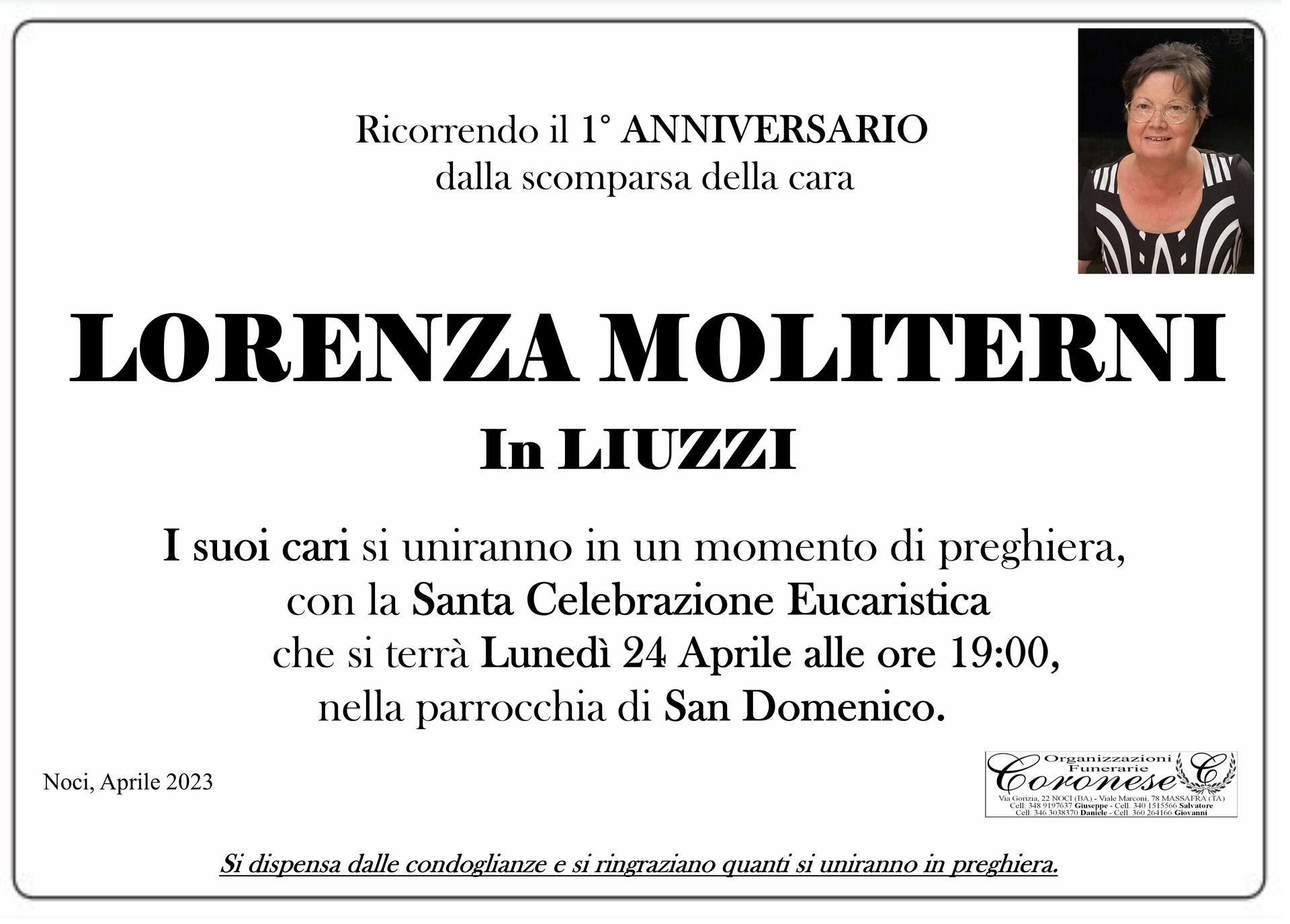 necrologio LORENZA MOLITERNI In LIUZZI