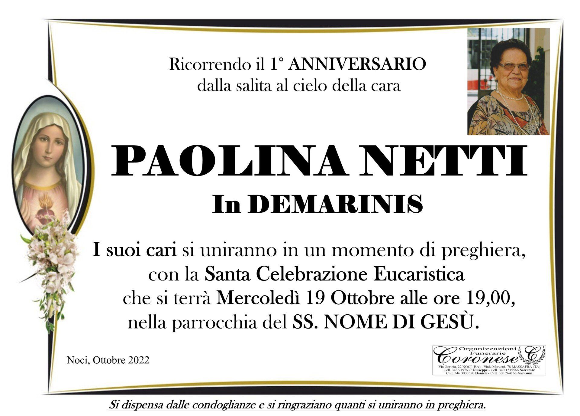 necrologio PAOLINA NETTI  In DEMARINIS