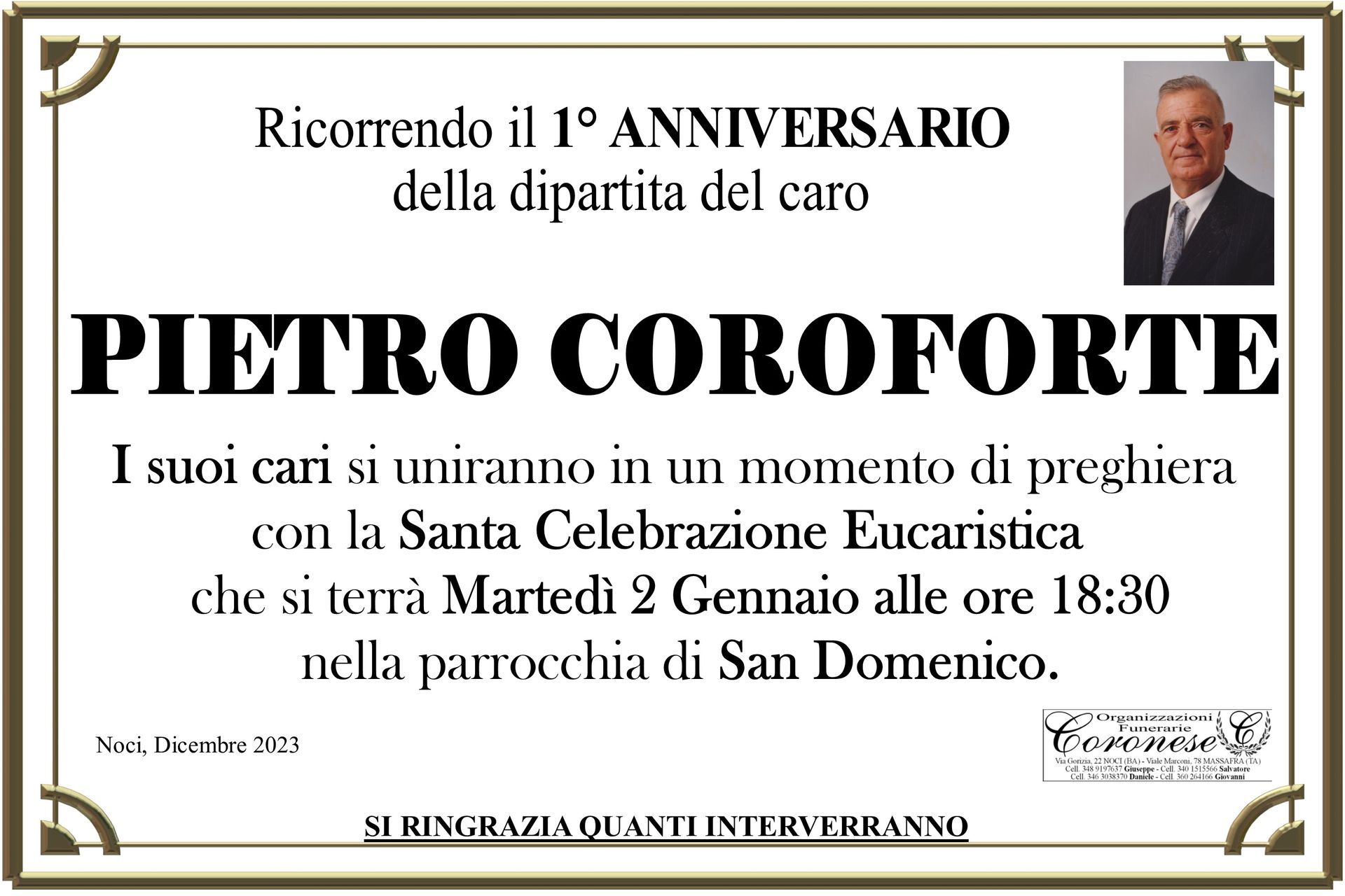 necrologio PIETRO COROFORTE