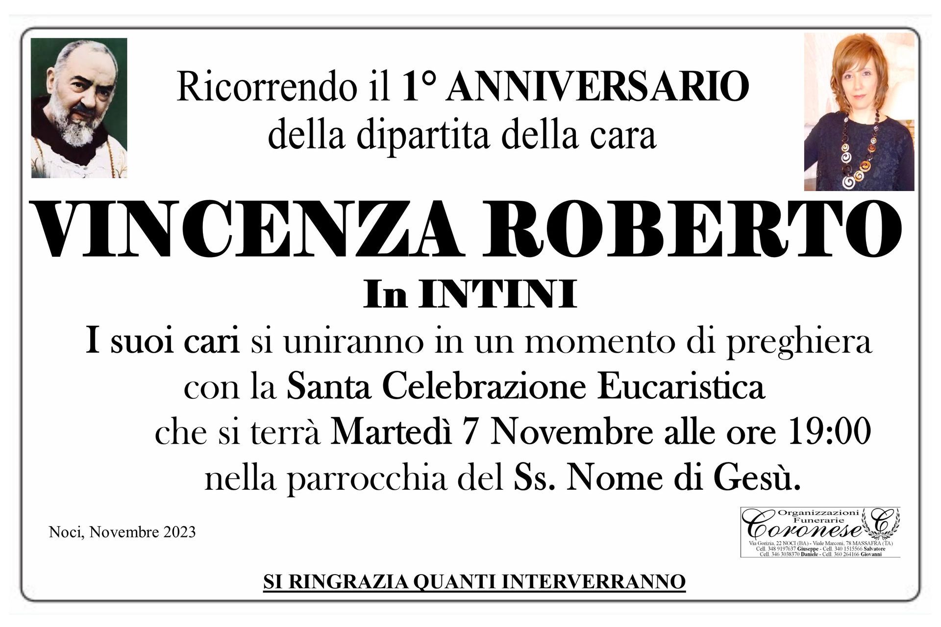 necrologio VINCENZA ROBERTO In INTINI