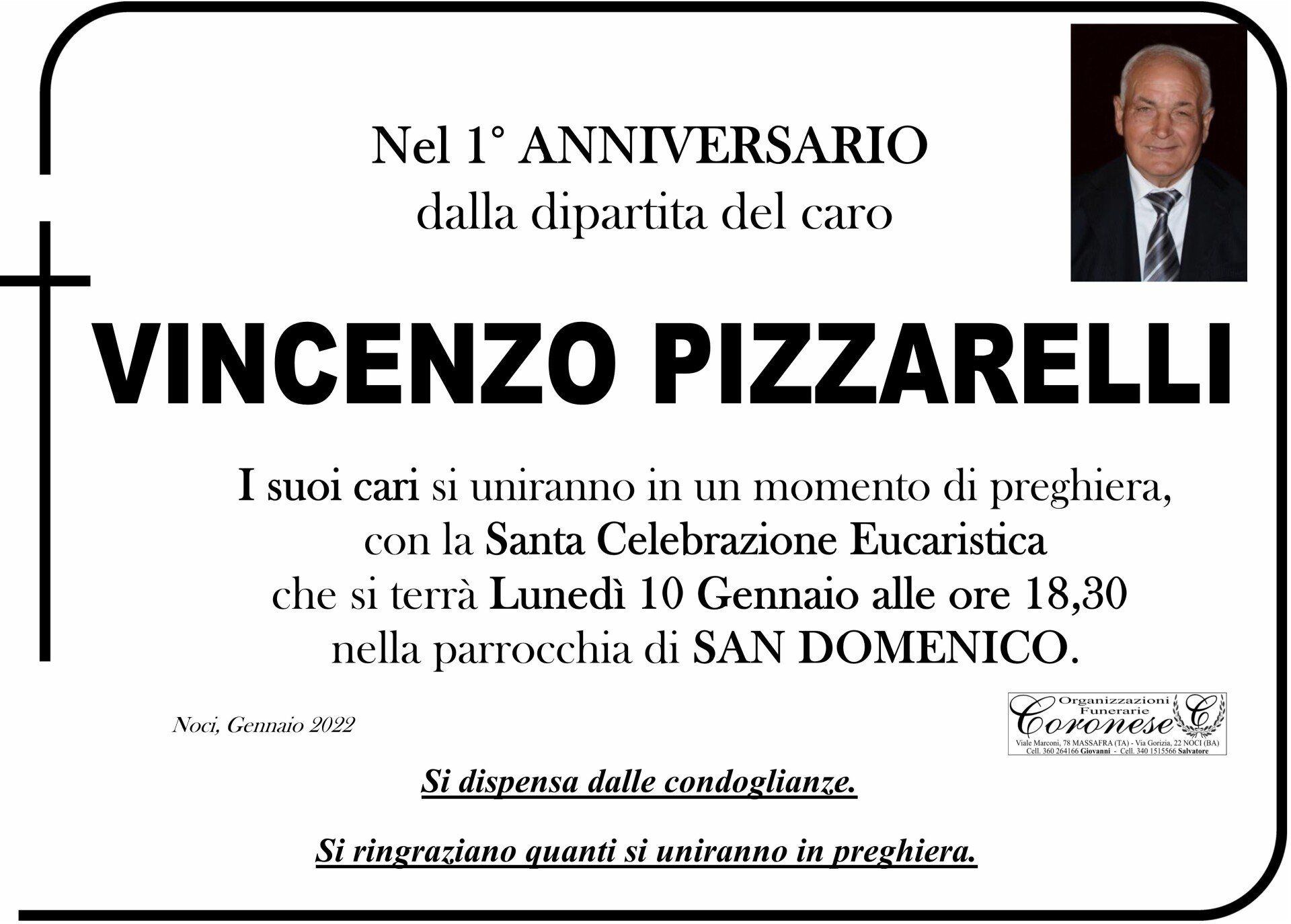 necrologio VINCENZO PIZZARELLI