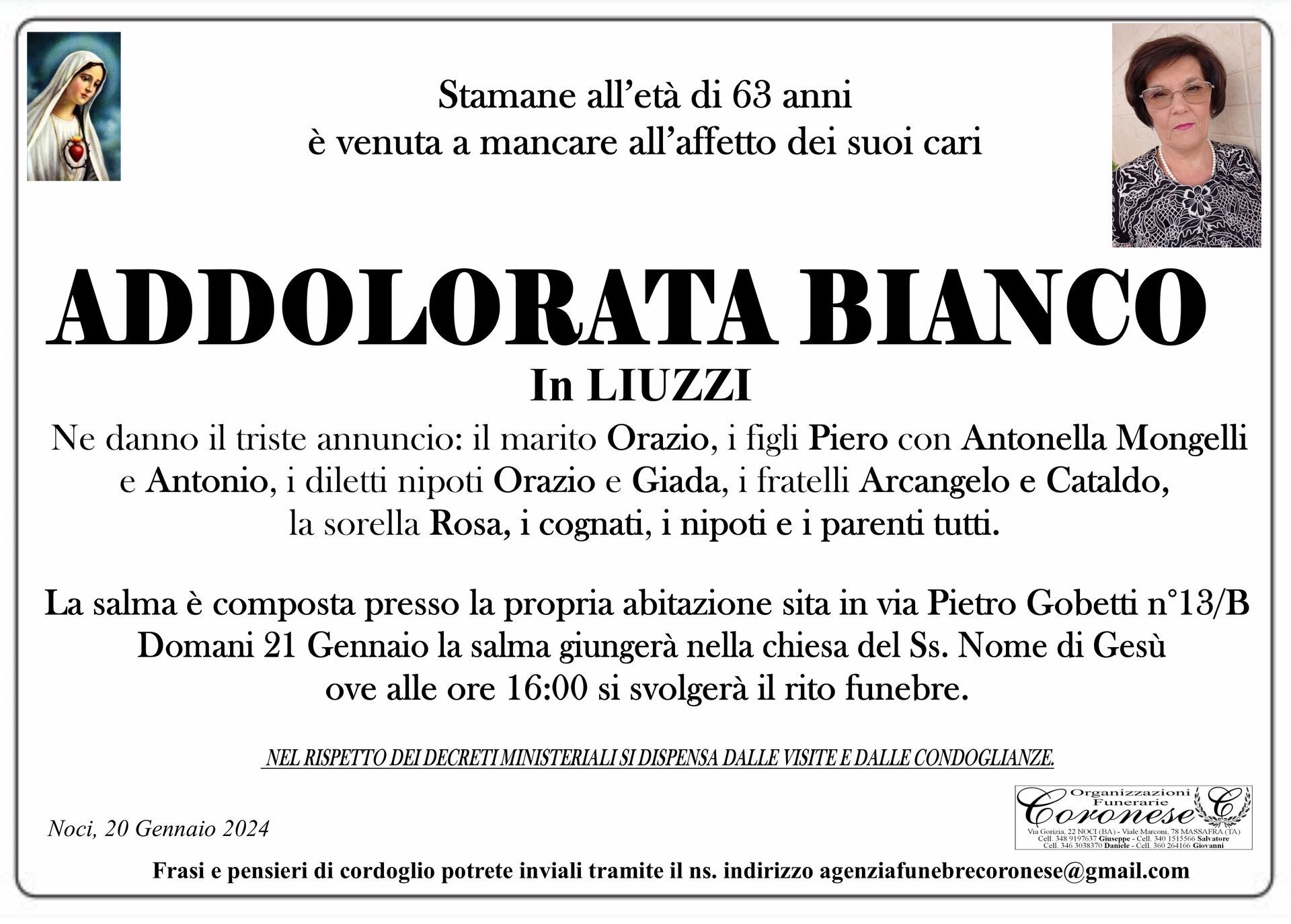 necrologio ADDOLORATA BIANCO In Liuzzi