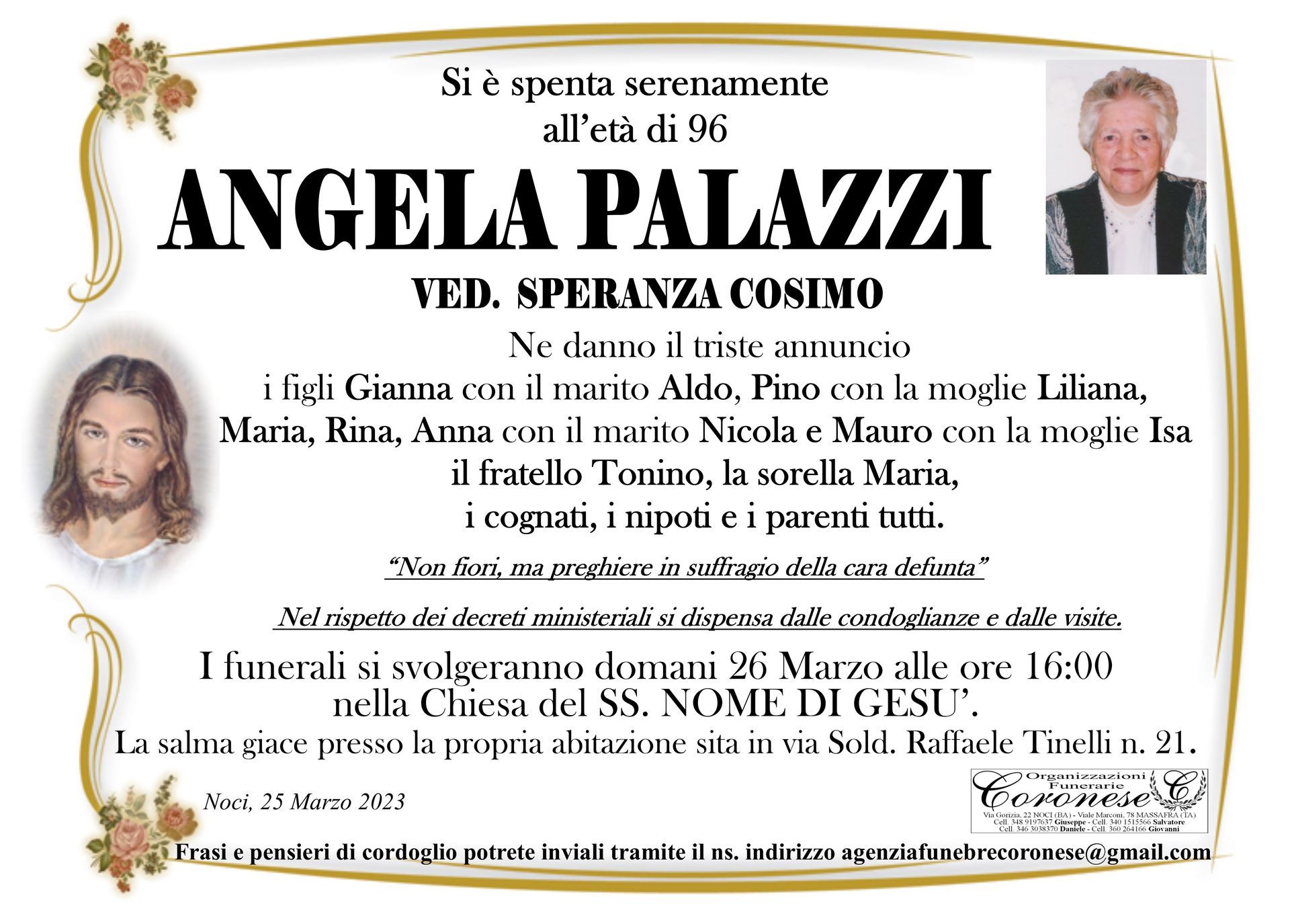necrologio ANGELA PALAZZI Ved. SPERANZA COSIMO