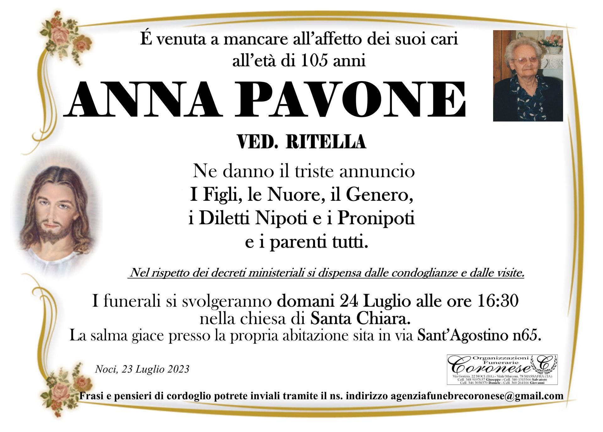 necrologio ANNA PAVONE Ved. RITELLA