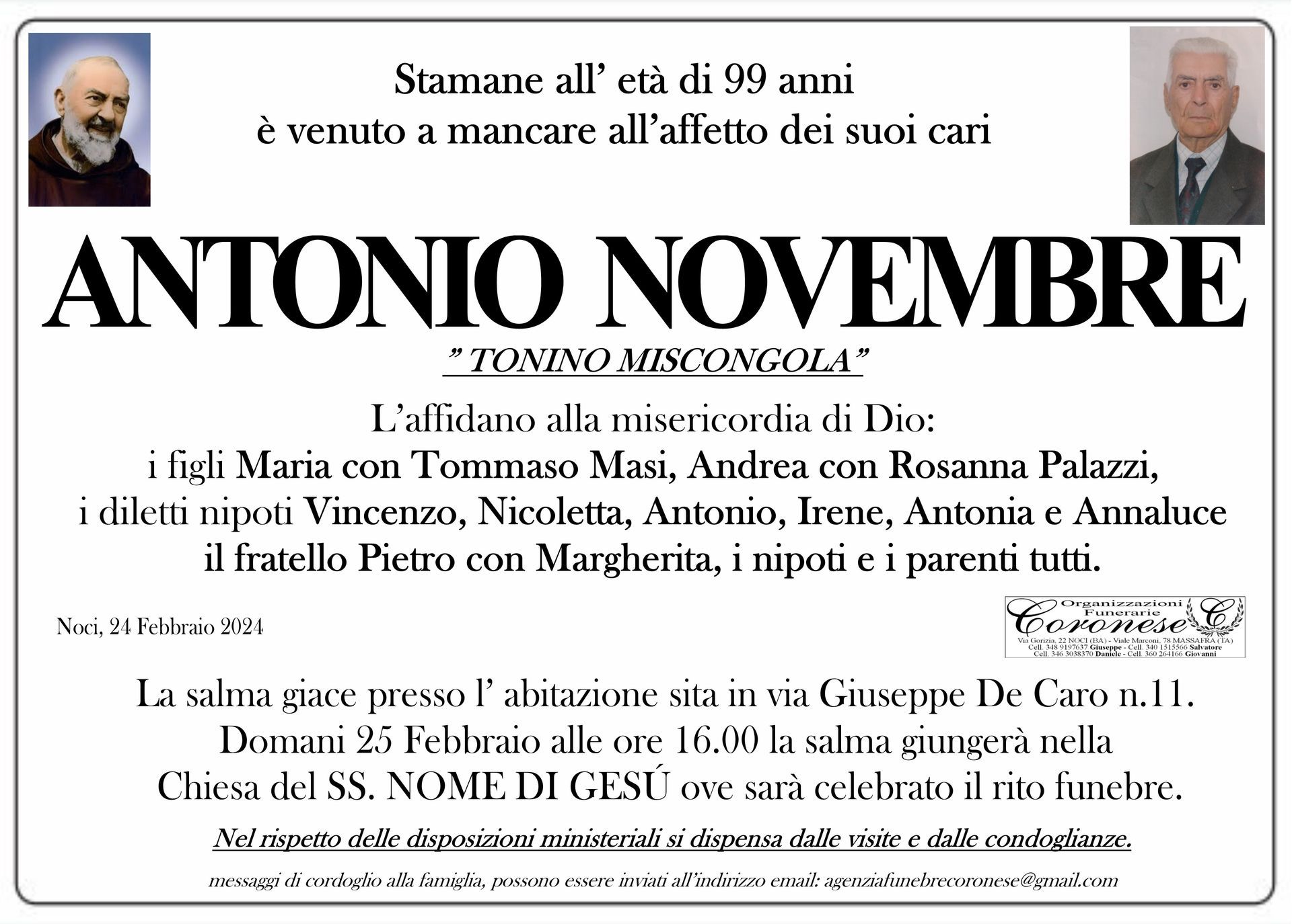 necrologio ANTONIO NOVEMBRE