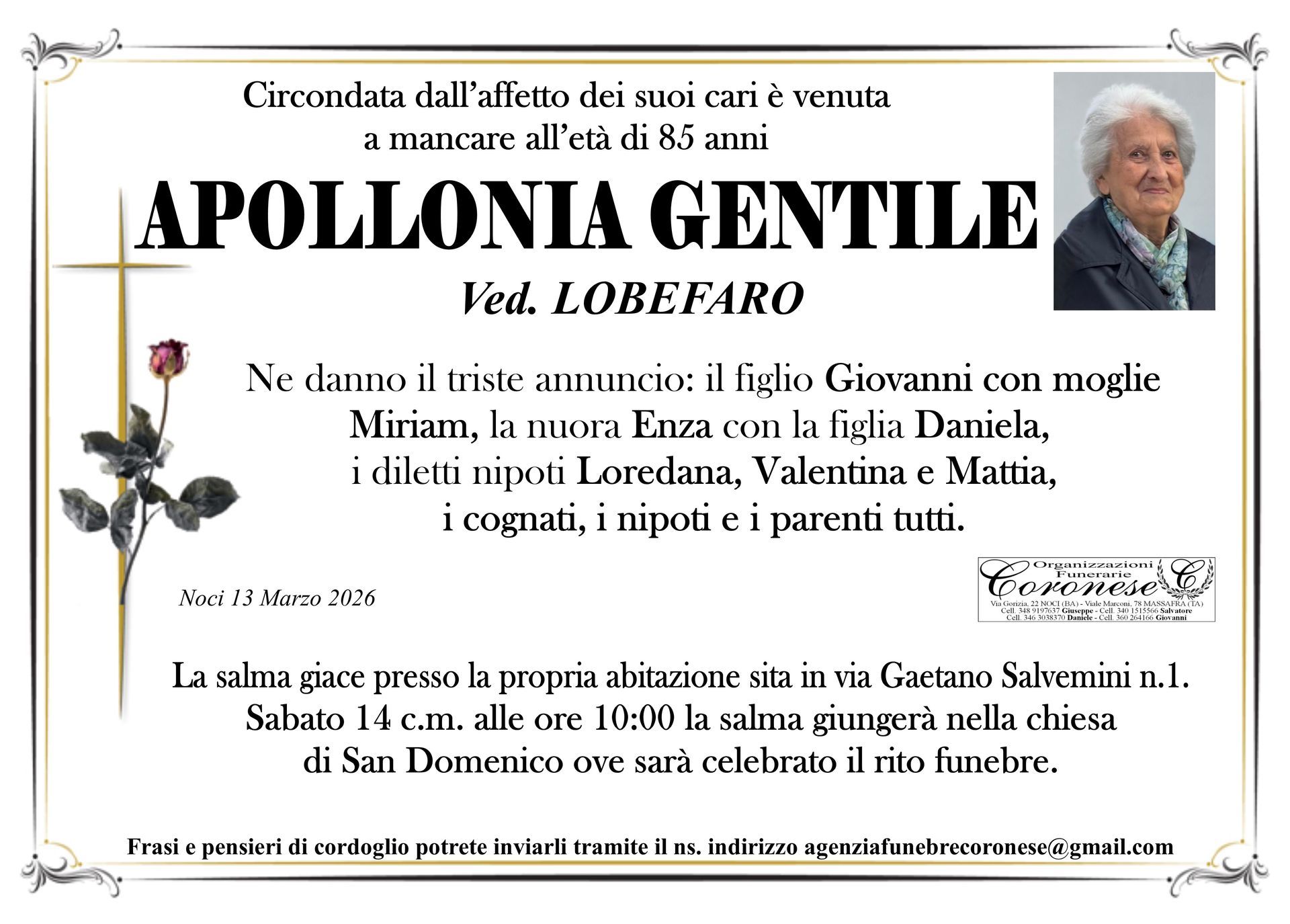necrologio APOLLONIA GENTILE Ved. Lobefaro