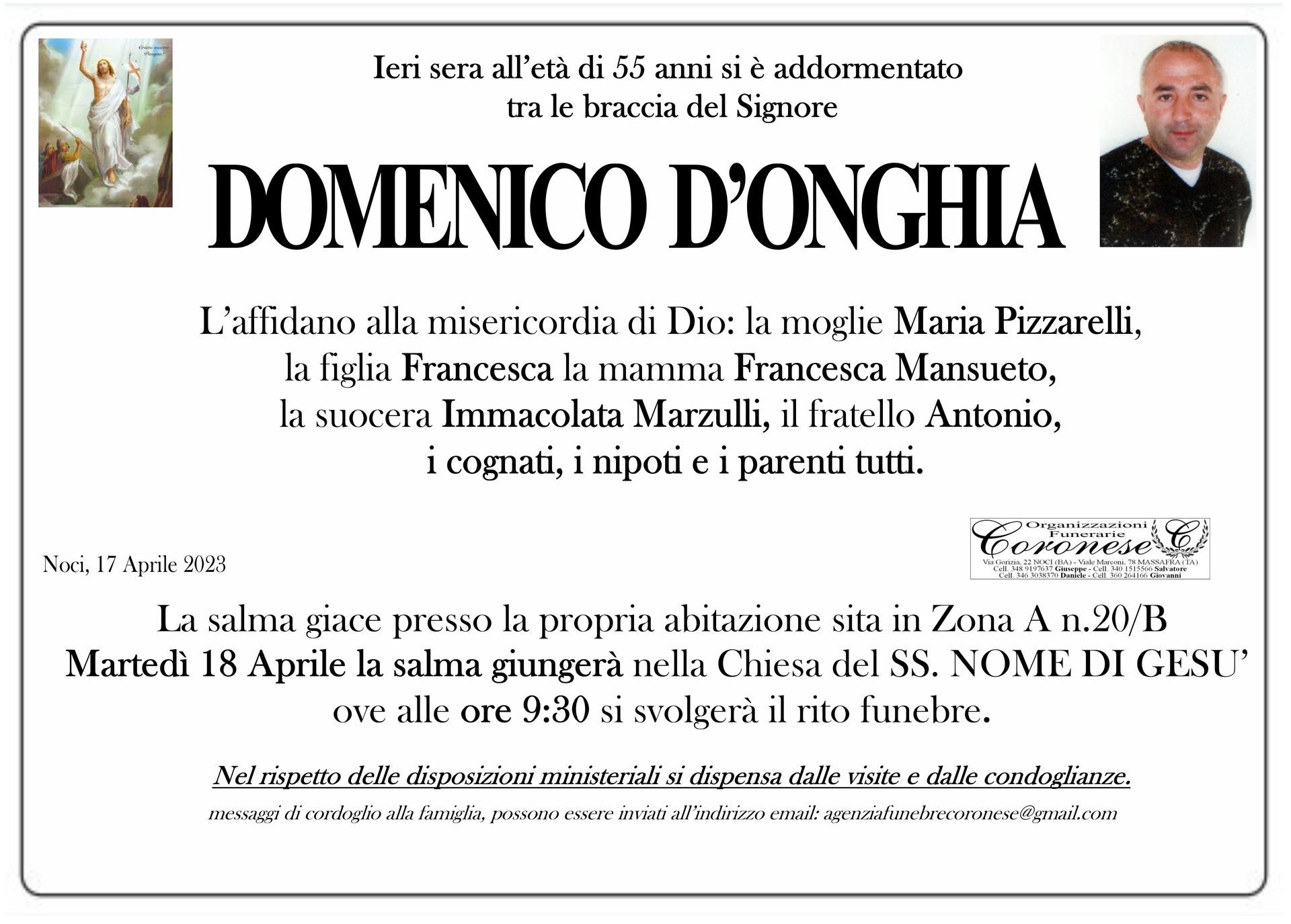 necrologio DOMENICO D'ONGHIA