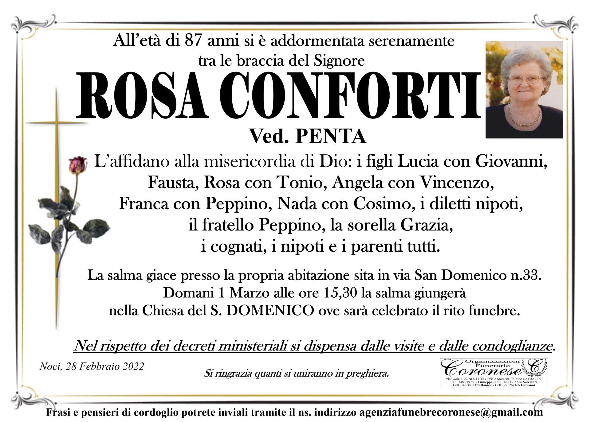 necrologio ROSA CONFORTI Ved. Penta