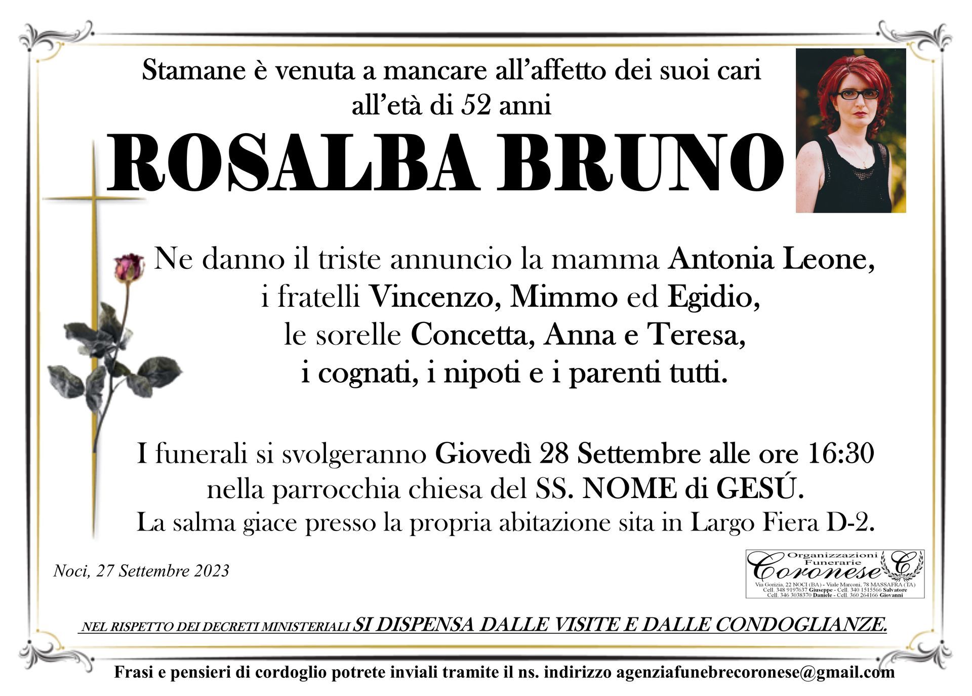 necrologio ROSALBA BRUNO
