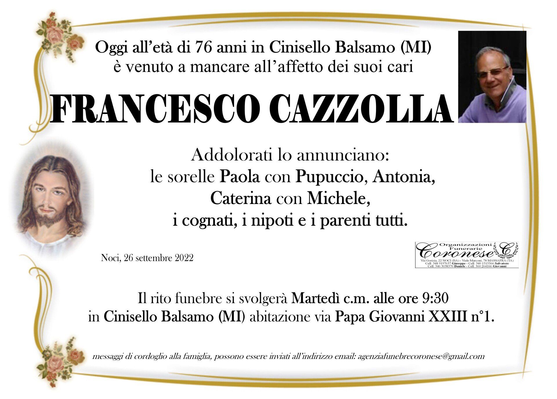 necrologio FRANCESCO CAZZOLLA