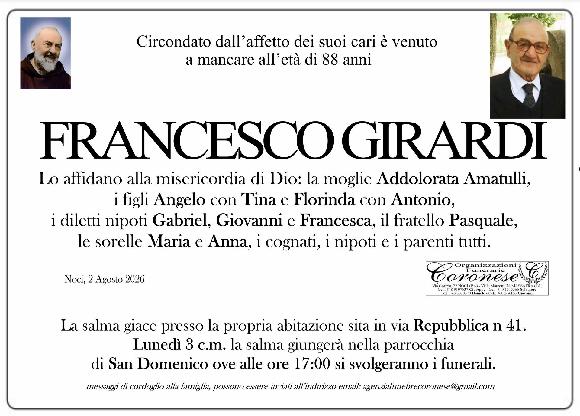 necrologio FRANCESCO GIRARDI