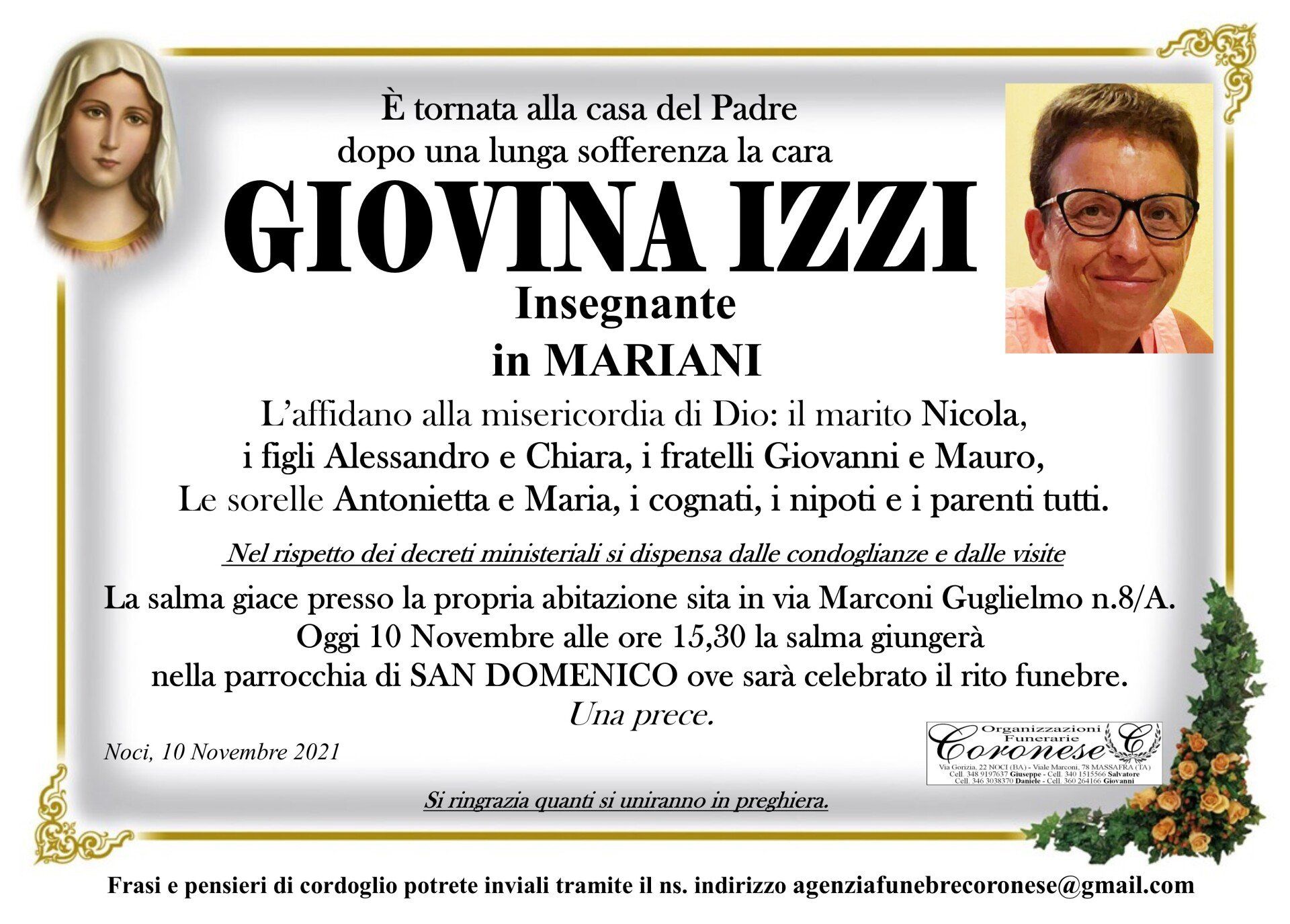 necrologio GIOVINA IZZI
