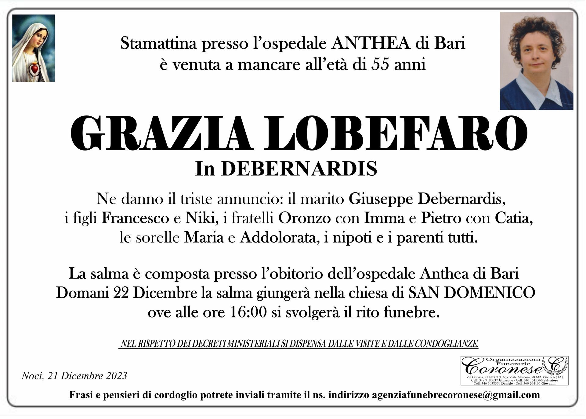 necrologio GRAZIA LOBEFARO In Debernardis
