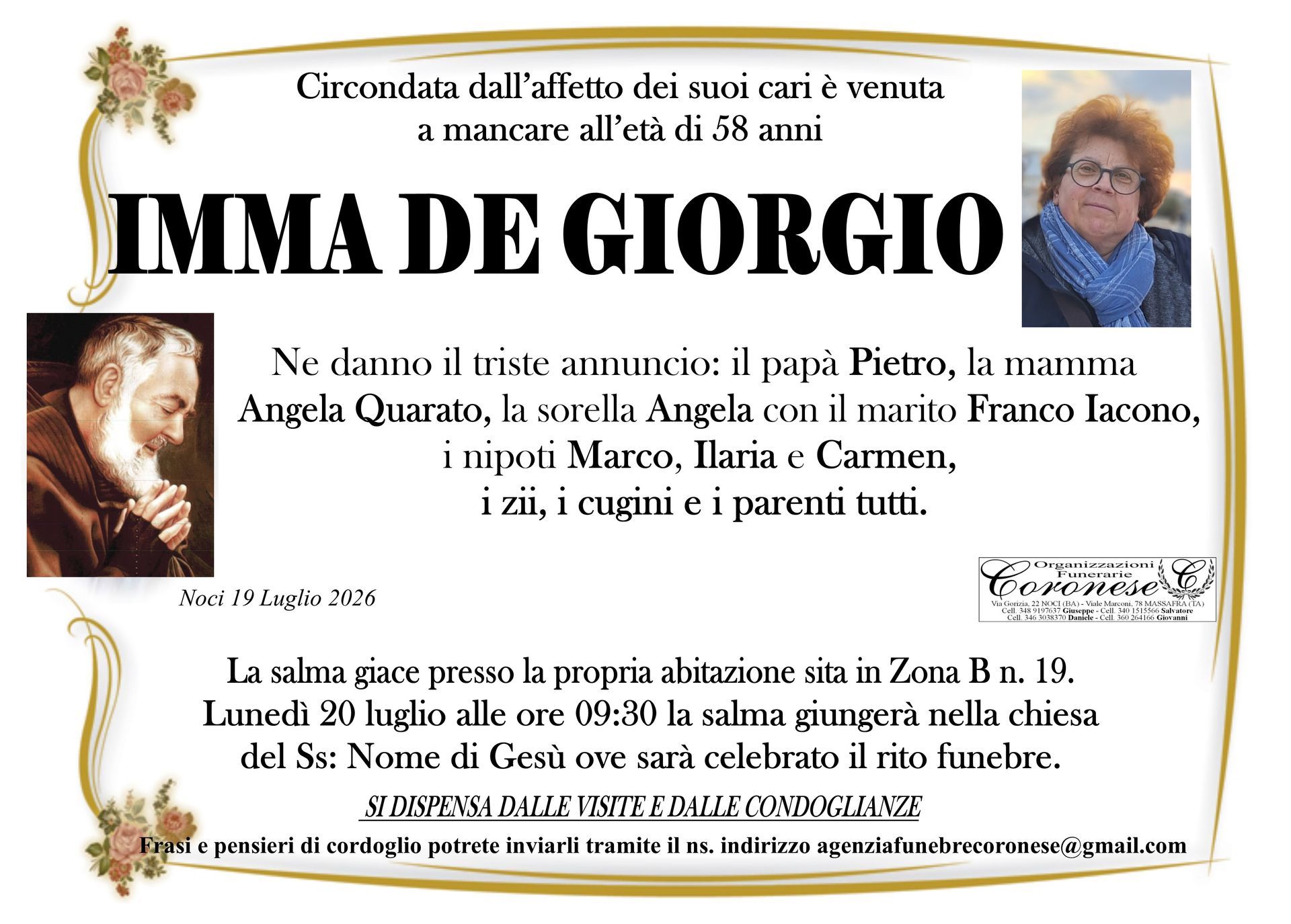 necrologio IMMA DE GIORGIO