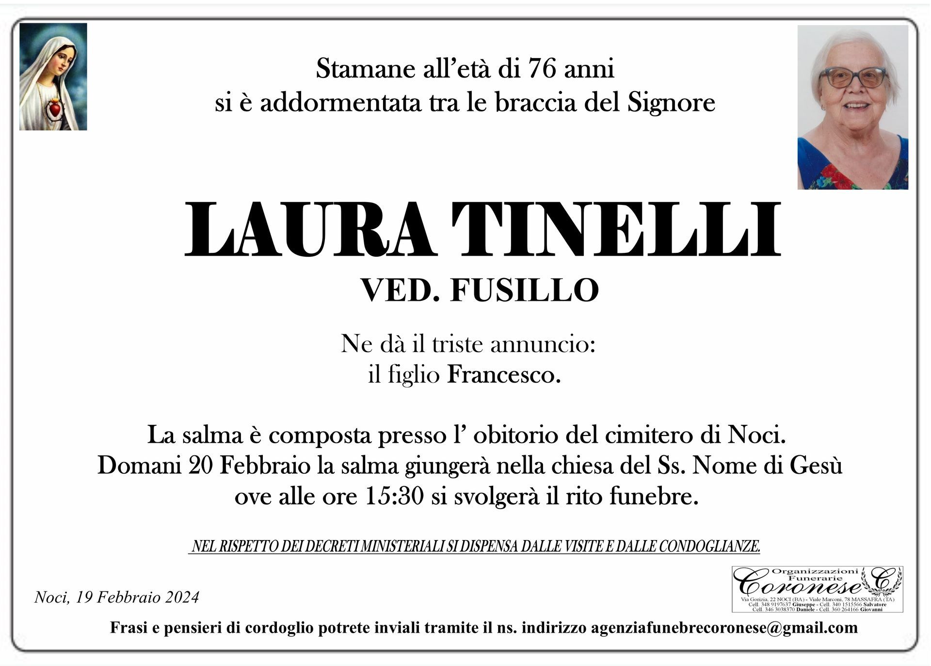 necrologio LAURA TINELLI Ved. Fusillo