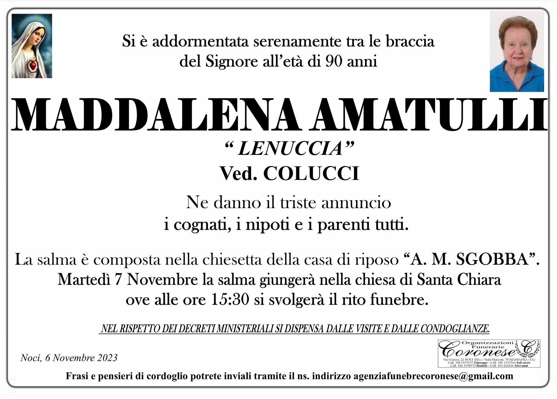 necrologio MADDALENA AMATULLI Ved. COLUCCI