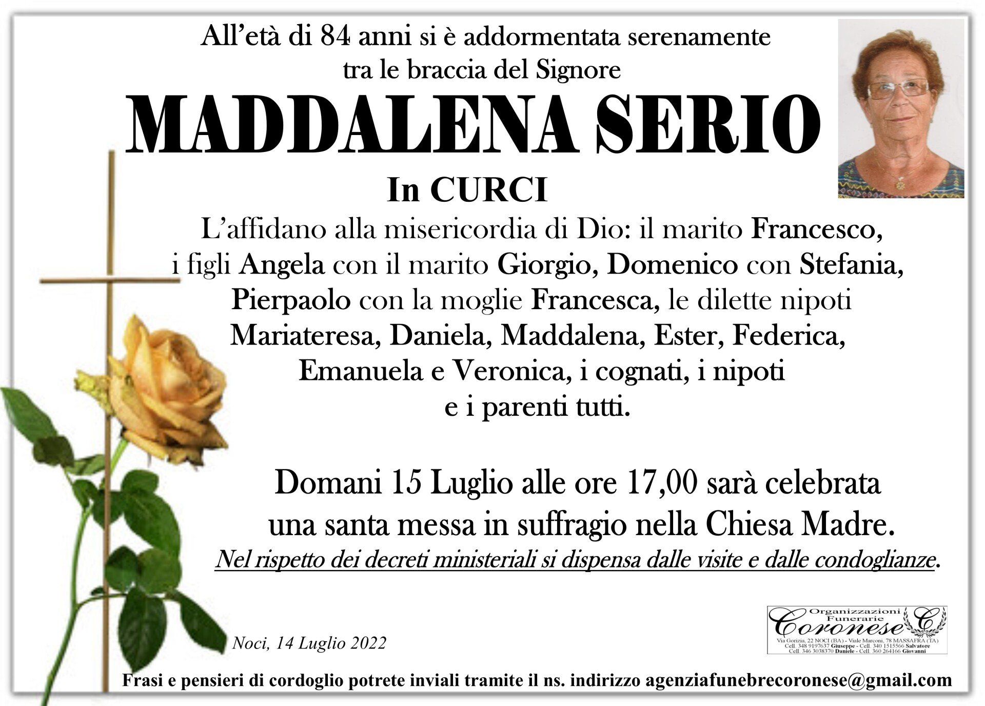 necrologio MADDALENA SERIO In CURCI