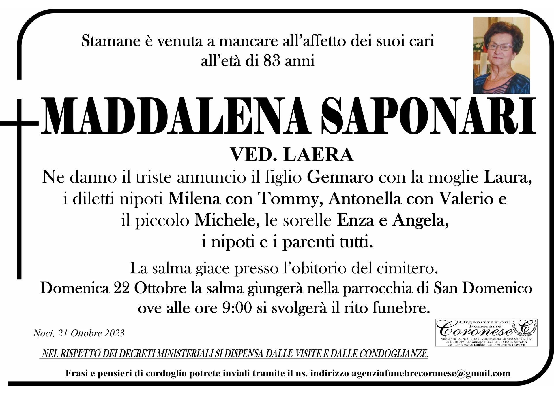 necrologio MADDALENA SAPONARI Ved. LAERA