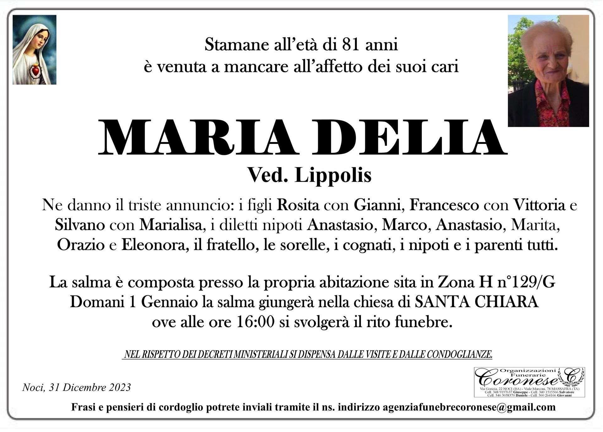 necrologio MARIA DELIA Ved. Lippolis