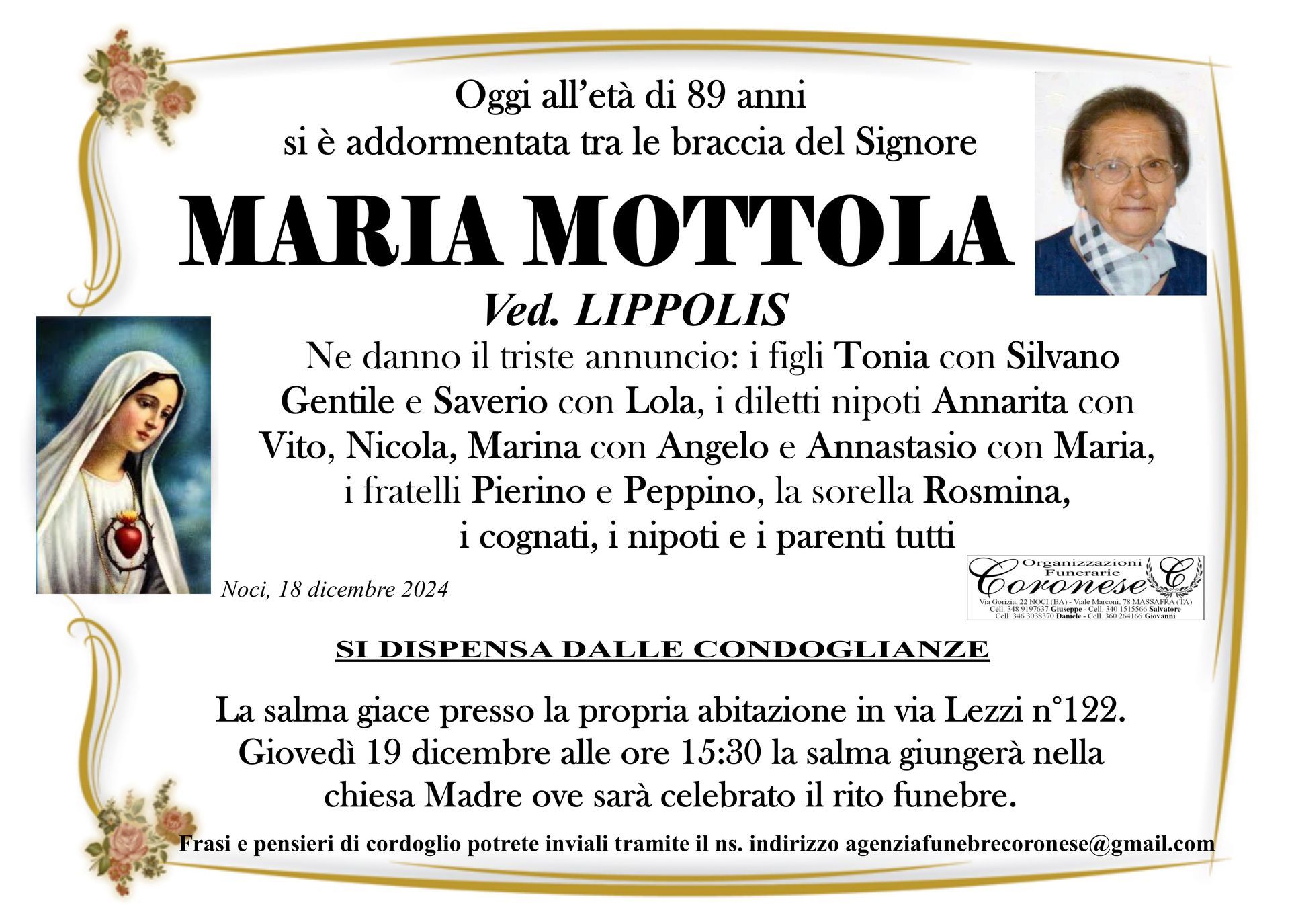 necrologio MARIA MOTTOLA Ved. LIPPOLIS