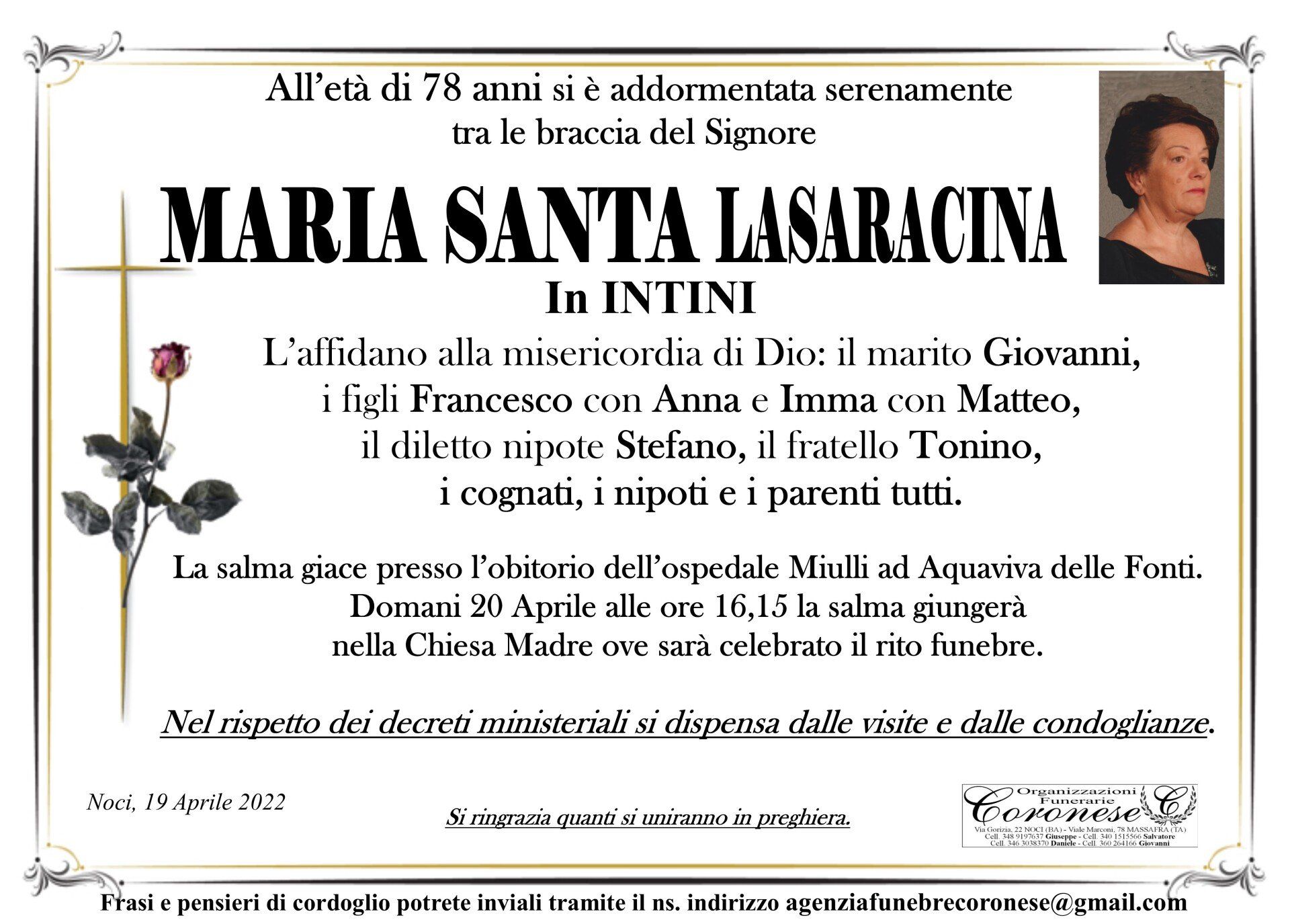 necrologio MARIA SANTA LASARACINA  In INTINI