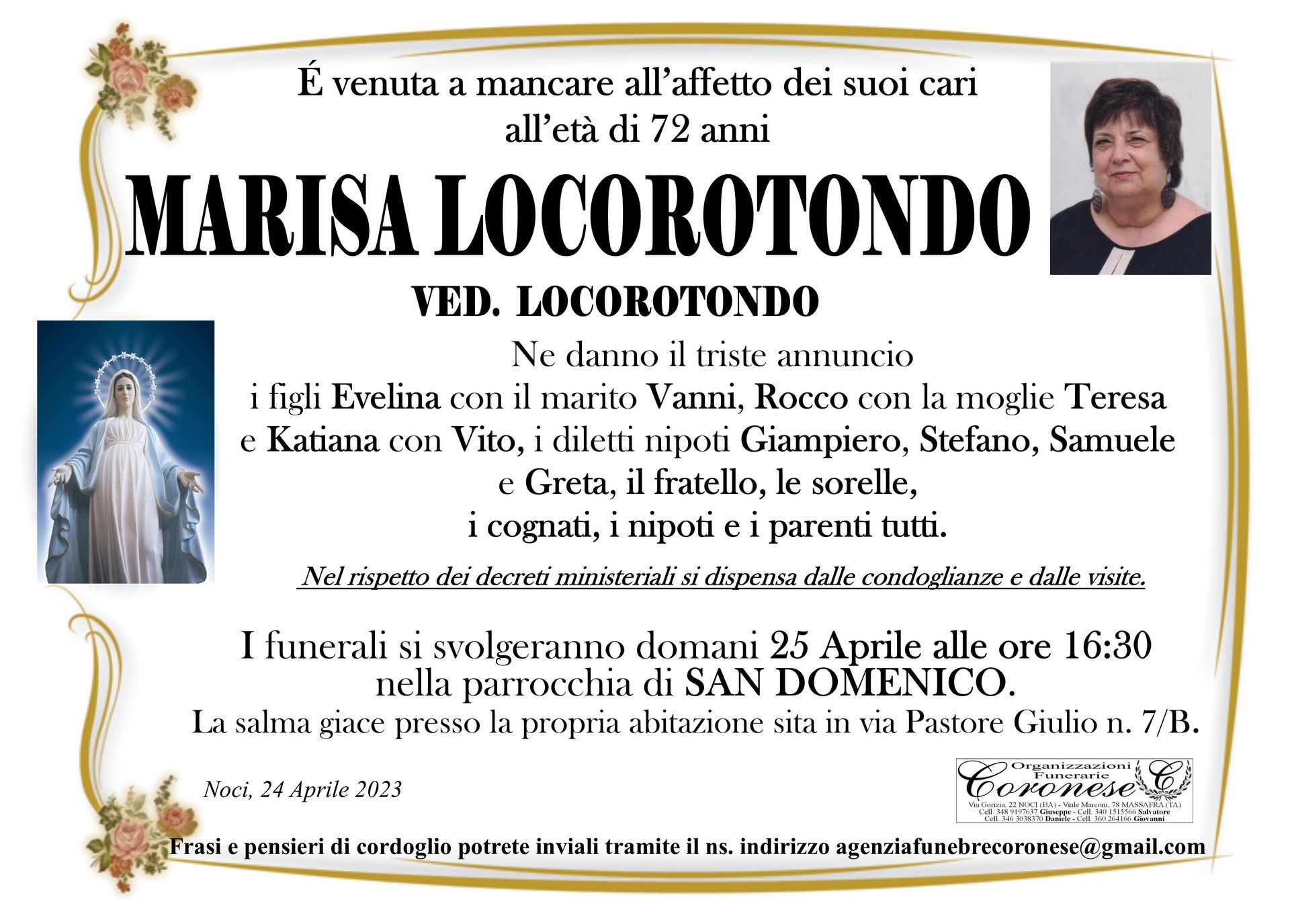 necrologio MARISA LOCOROTONDO  Ved. LOCOROTONDO