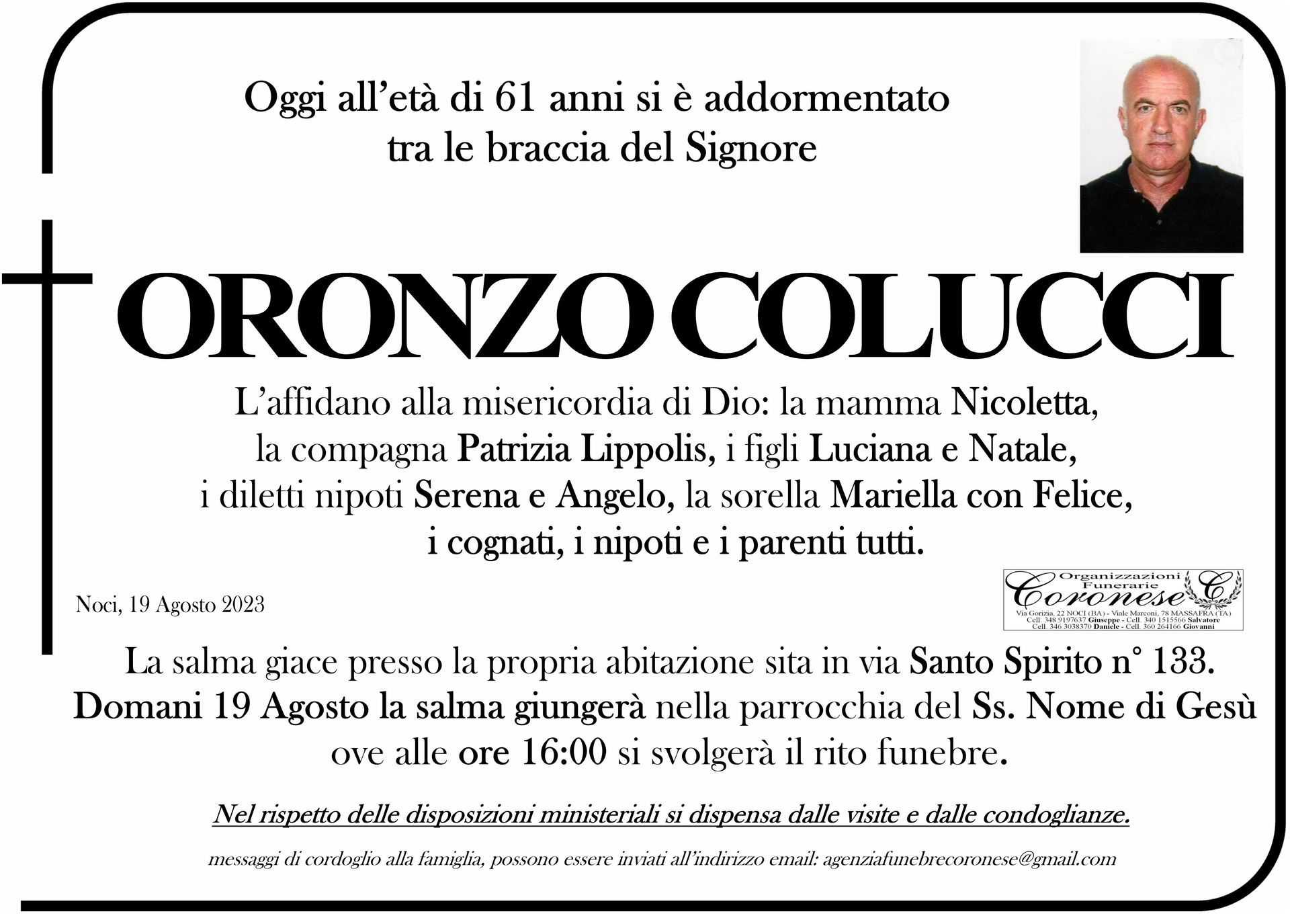 necrologio ORONZO COLUCCI