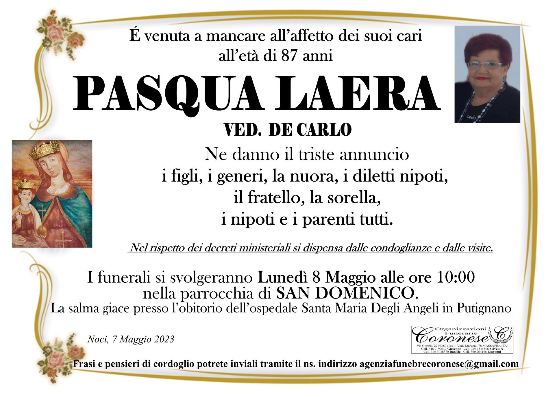 necrologio PASQUA LAERA Ved. DE CARLO