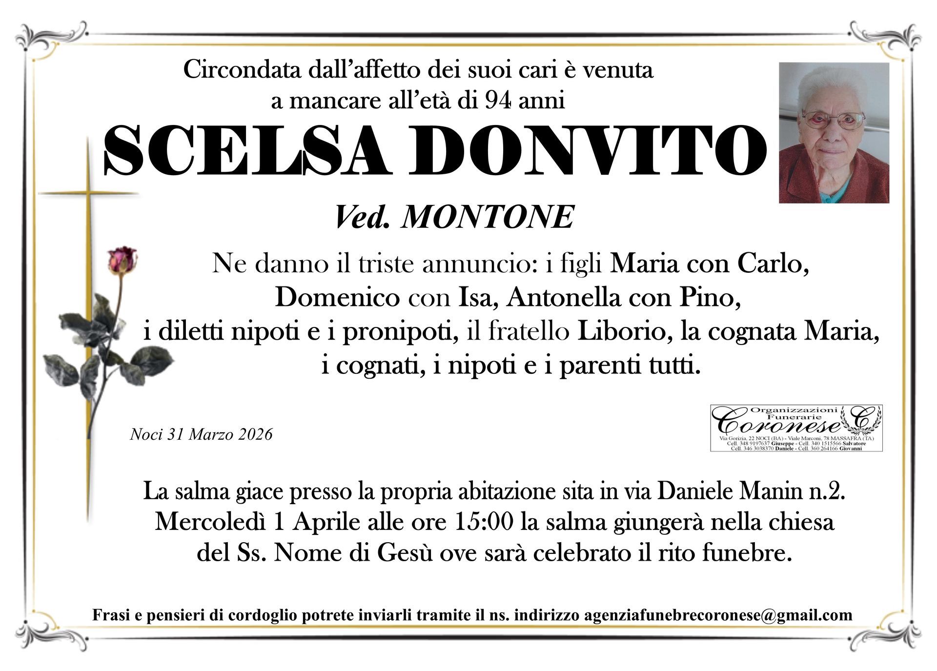 necrologio SCELSA DONVITO Ved. MONTONE