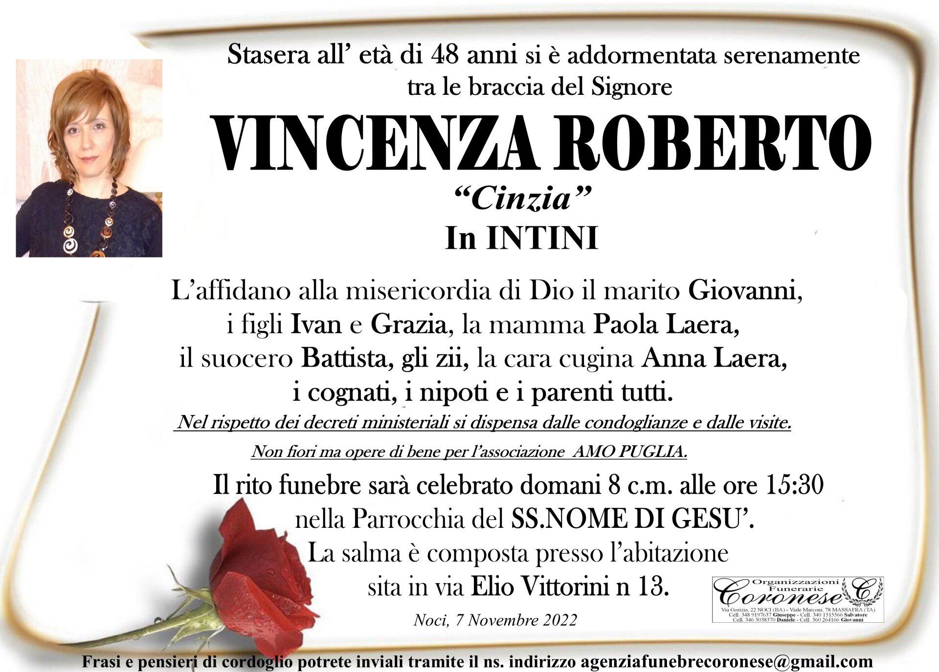 necrologio VINCENZA ROBERTO In INTINI