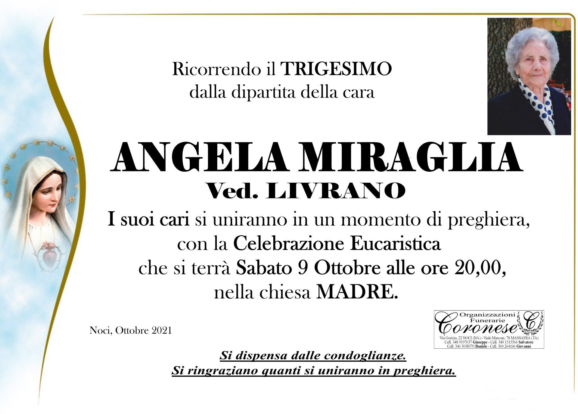 necrologio ANGELA MIRAGLIA Ved. LIVRANO