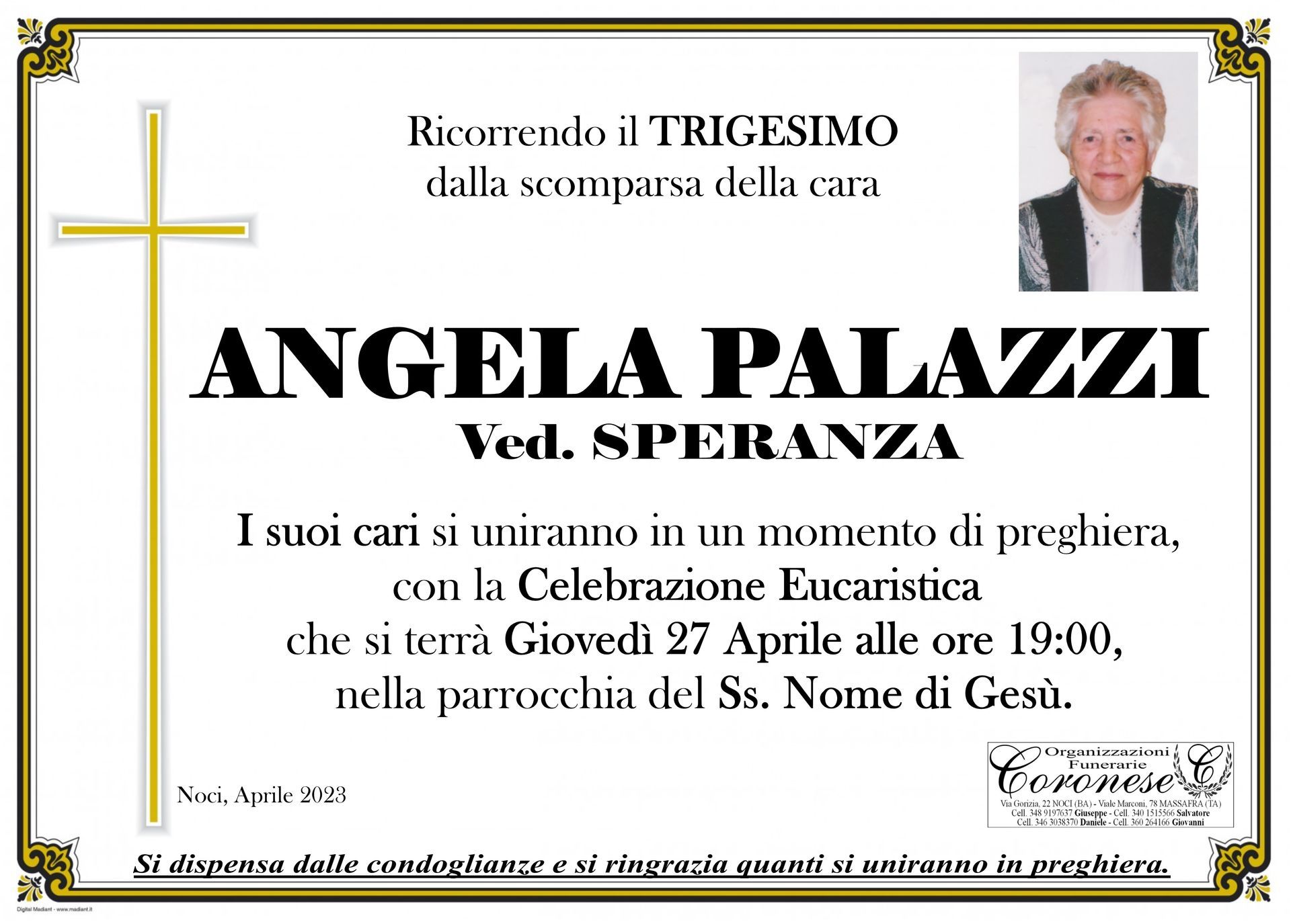 necrologio ANGELA PALAZZI Ved. SPERANZA