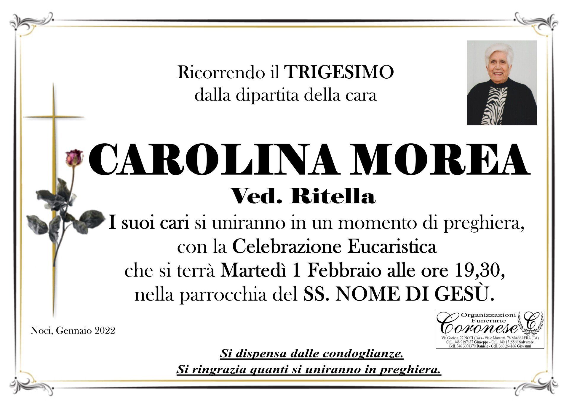 necrologio CAROLINA MOREA Ved. Ritella