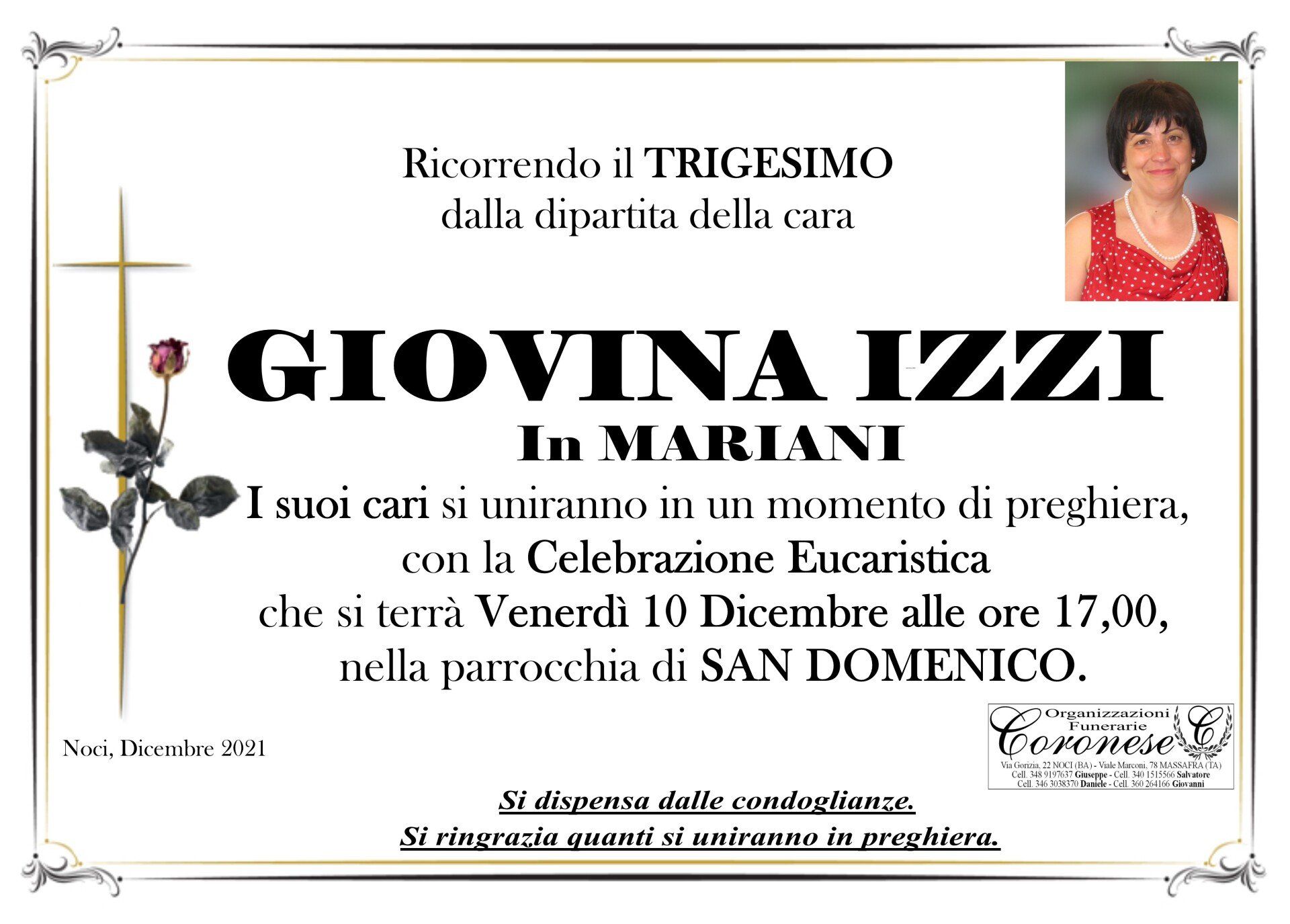 necrologio GIOVINA IZZI In MARIANI