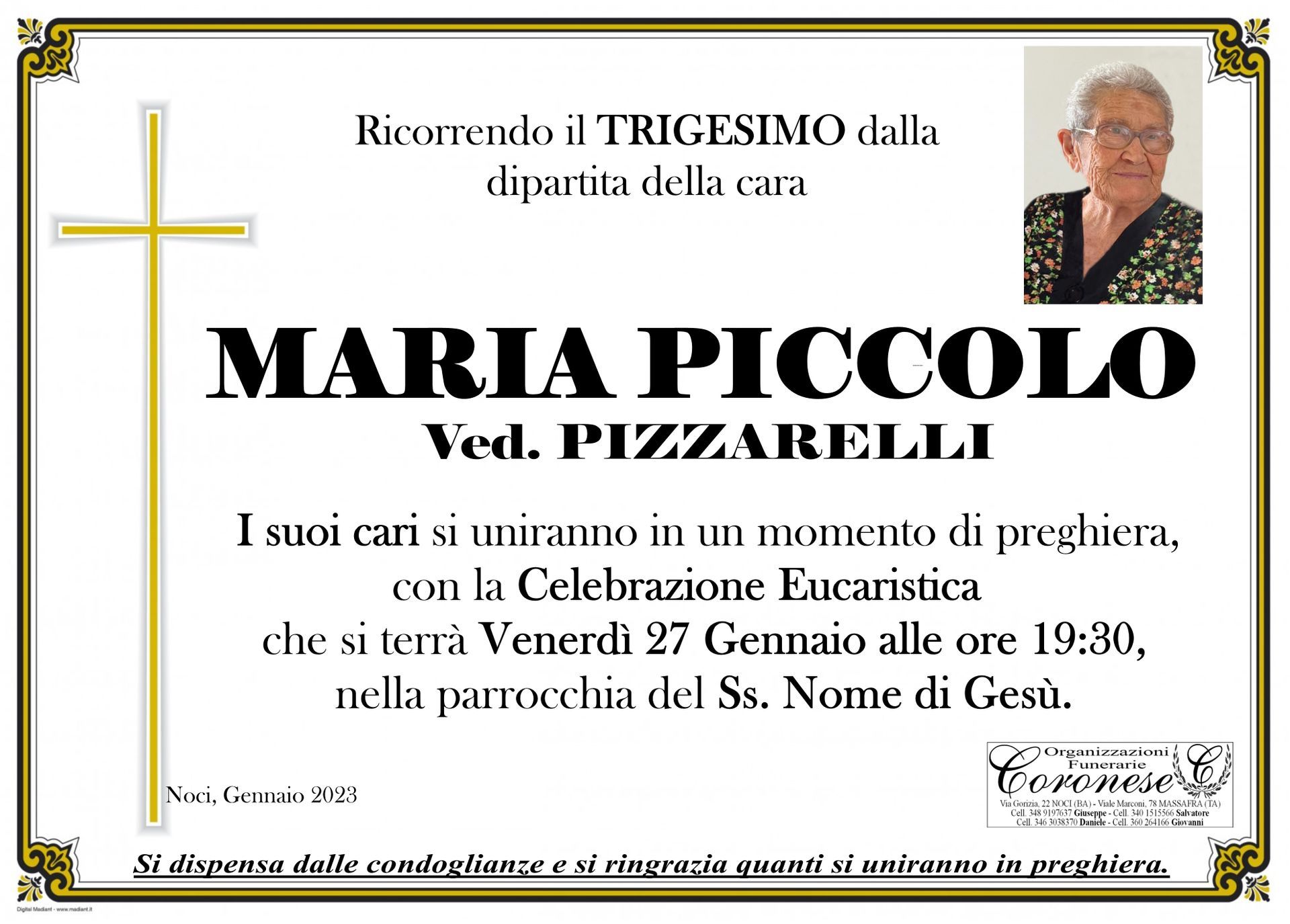 necrologio MARIA PICCOLLO Ved. PIZZARELLI