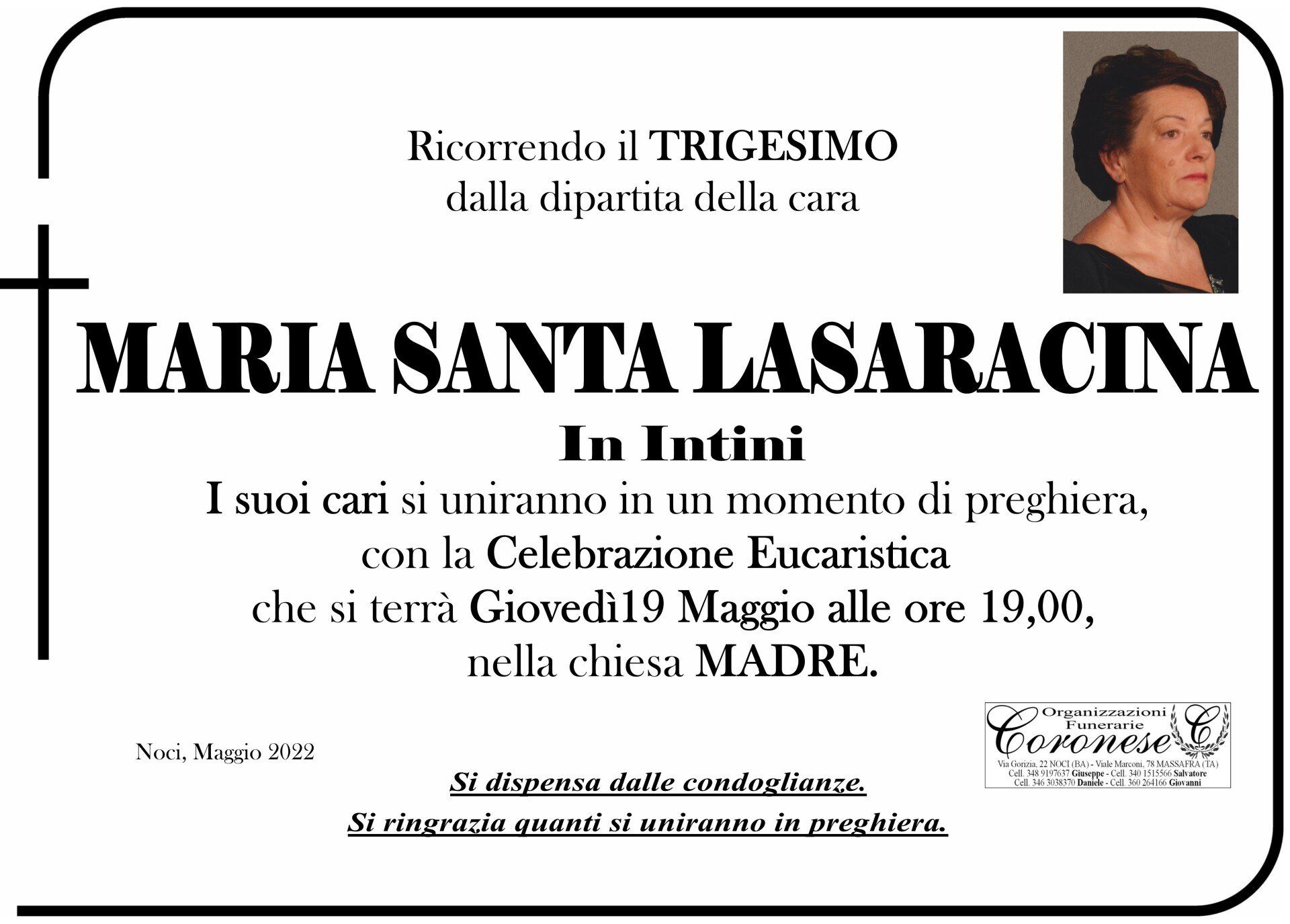 necrologio MARIA SANTA LARACINA
