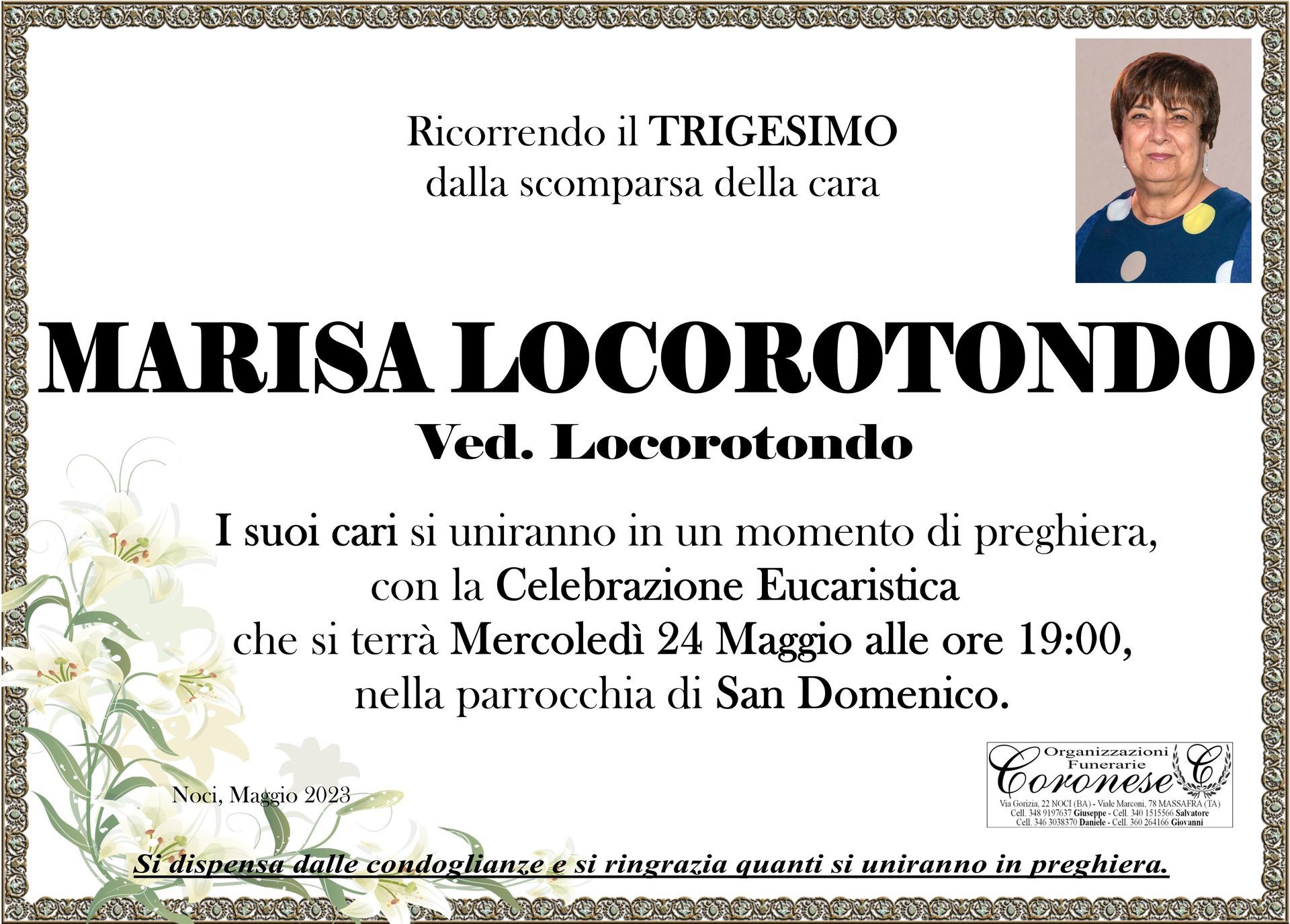 necrologio MARISA LOCOROTONDO Ved. LOCOROTONDO