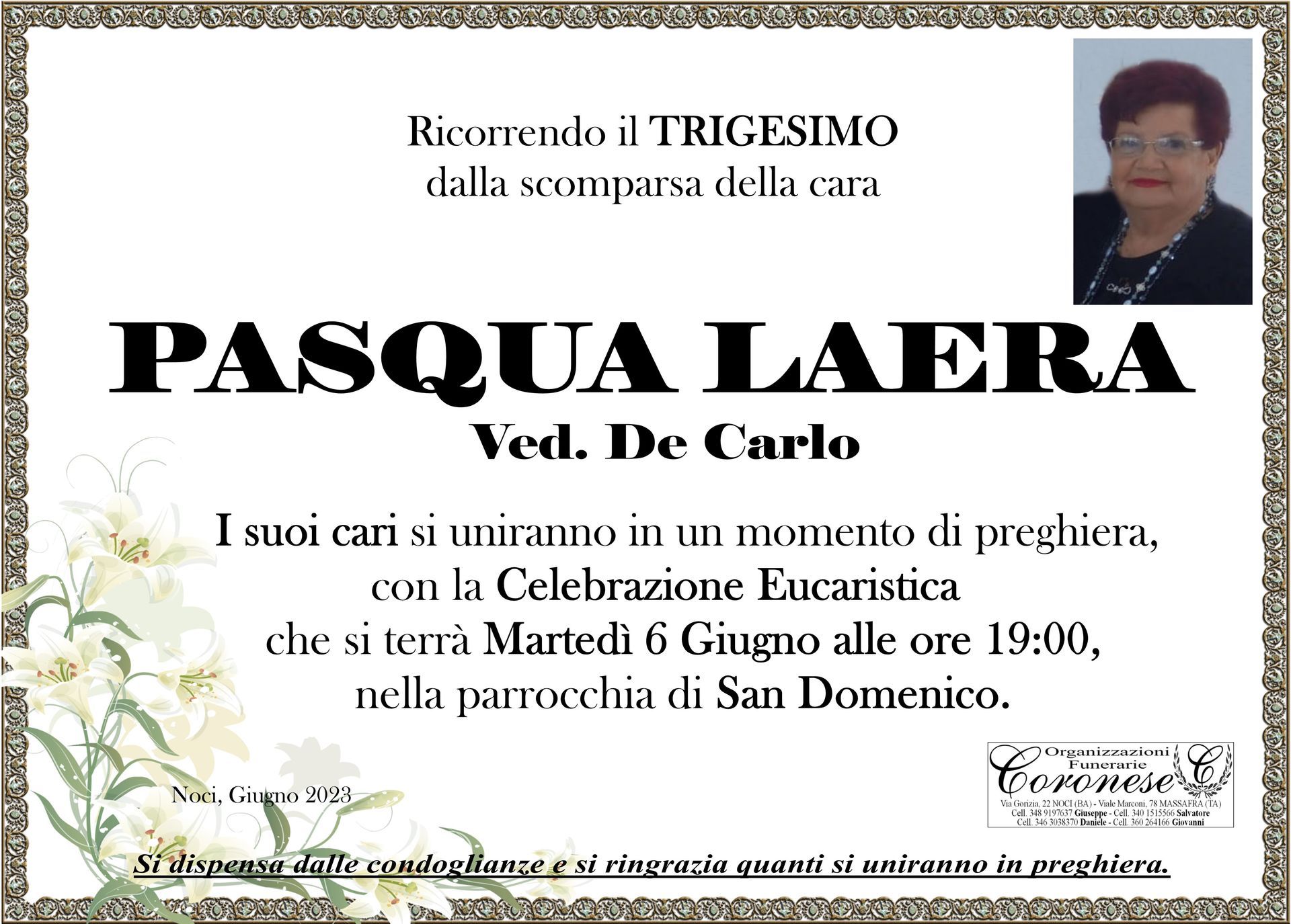 necrologio PASQUA LAERA Ved. De Carlo