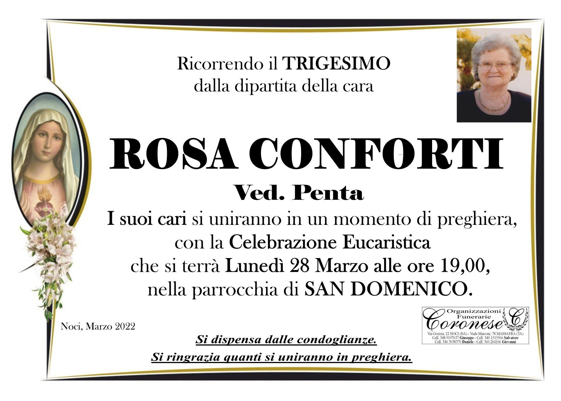 necrologio ROSA CONFORTI Ved. Penta