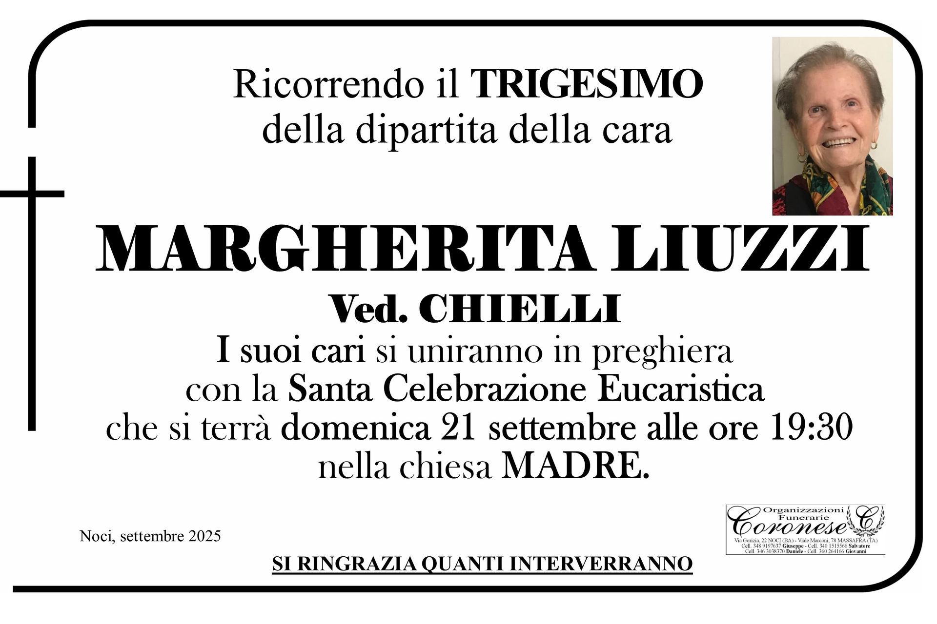 necrologio MARGHERITA LIUZZI  Ved. CHIELLI