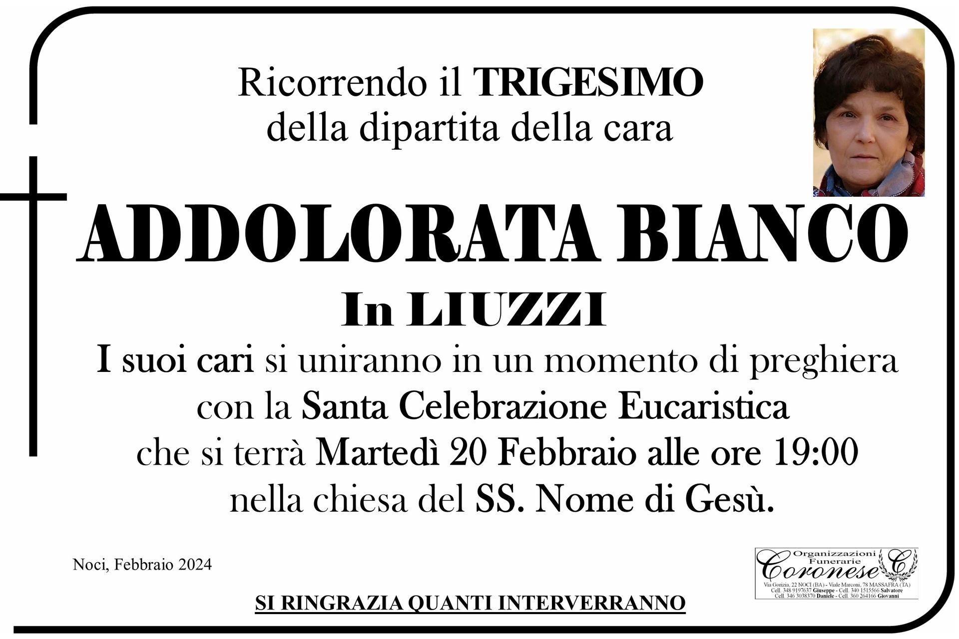 necrologio ADDOLORATA BIANCO In Liuzzi 