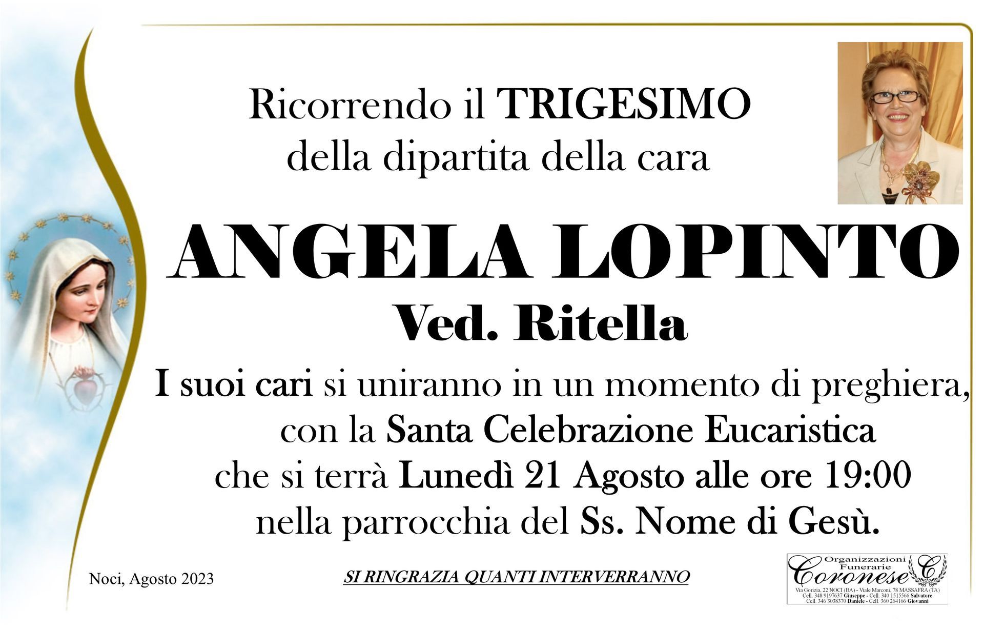 necrologio ANGELA LOPINTO Ved. Ritella